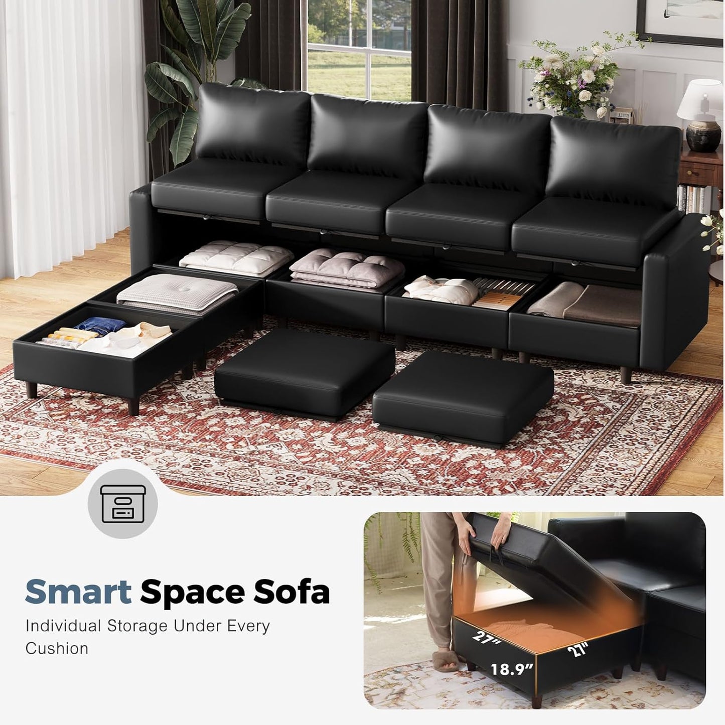 Faux Leather Single Sofa with Storage Ottoman, Modern Accent Chair Deep Seat Large Reading Armchair, Chaise Lounge Chair for Living Room Bedroom Office Black