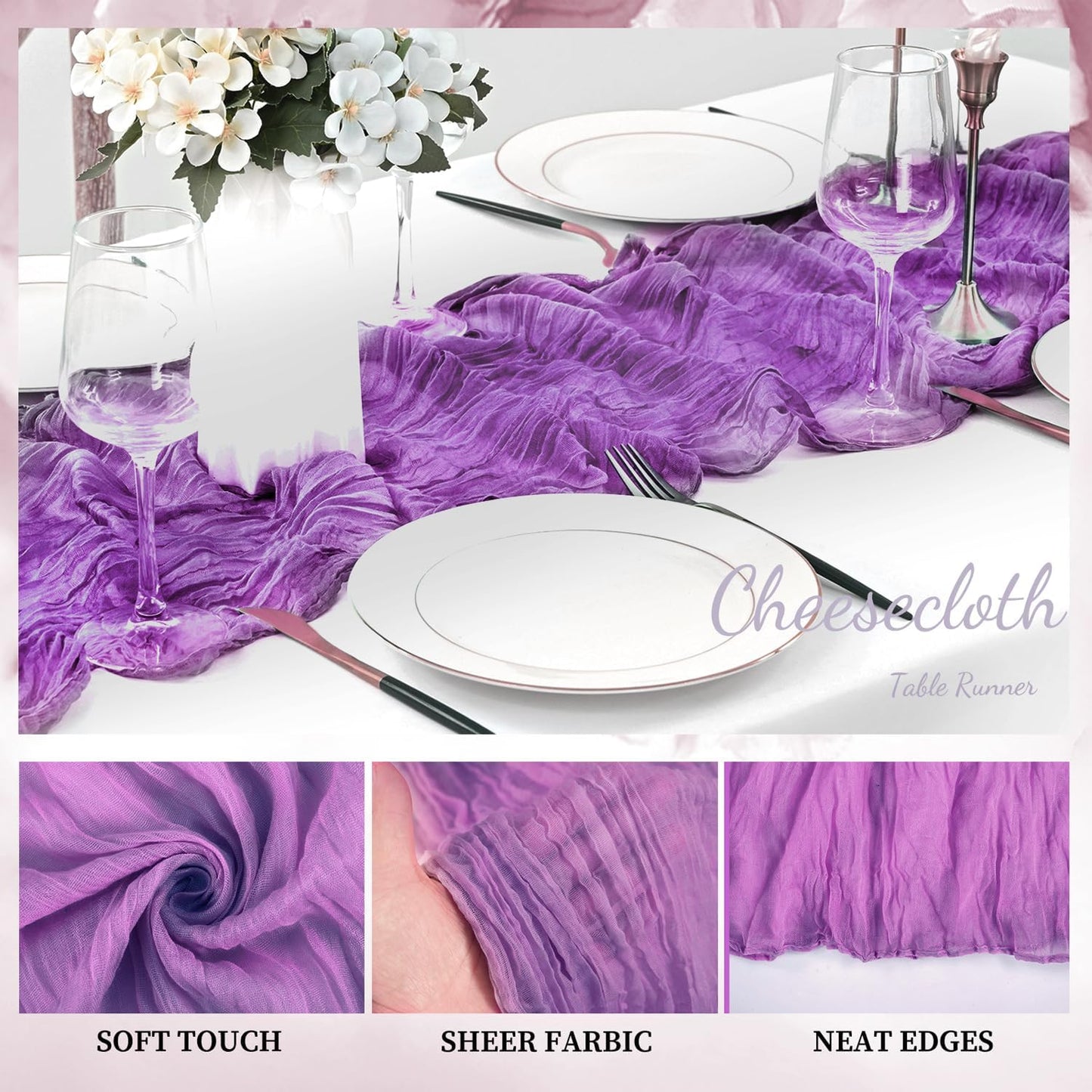 12 Pack Purple Cheesecloth Table Runner 10FT Boho Fabric Rustic Cheese Cloth Table Runner for Wedding Bridal Shower Baby Shower Gauze Sheer Birthday Party Table Decorations 20 x 120 Inch Long