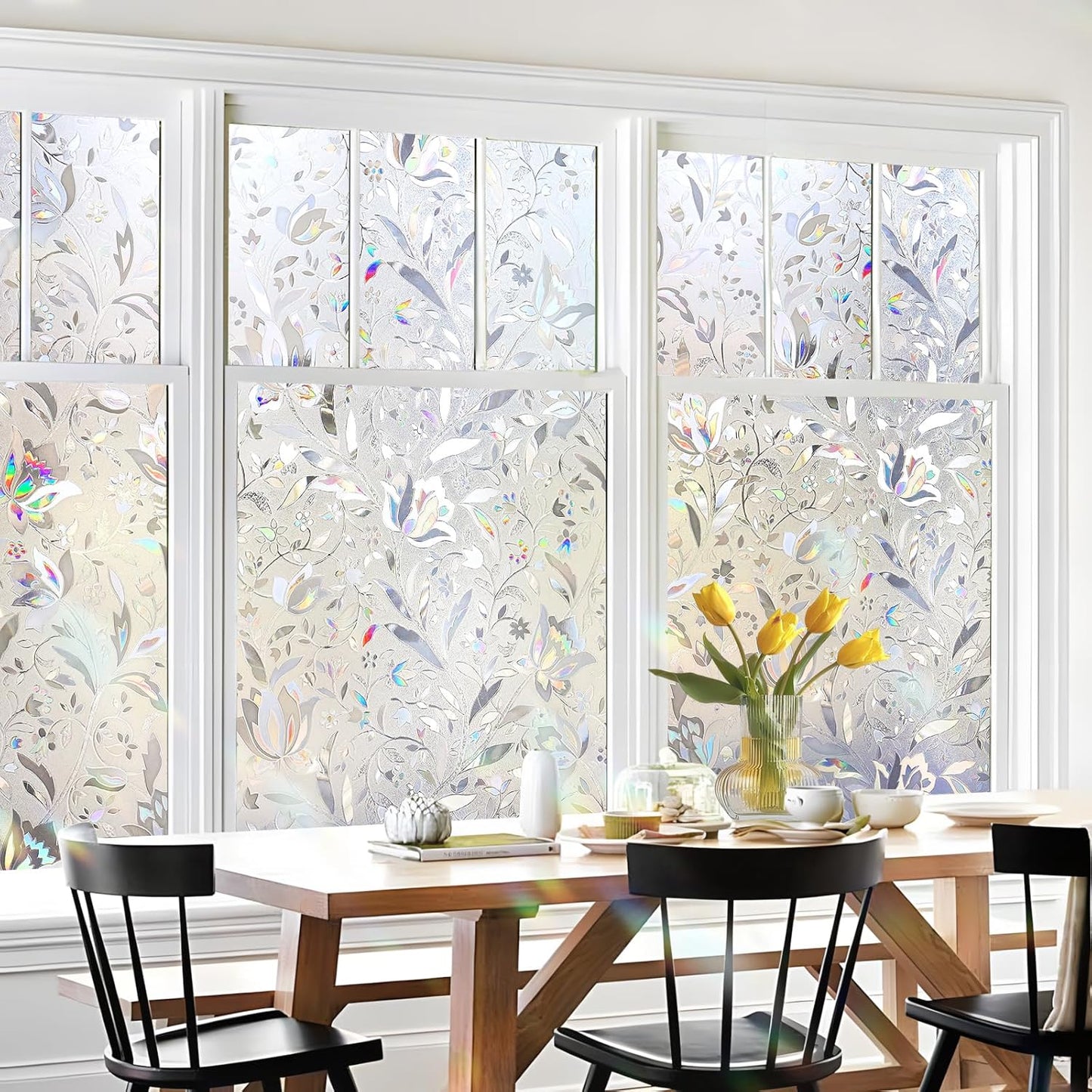 HIDBEA Window Privacy Film, 3D Stained Glass Static Cling - Sun Blocking Anti-UV Heat Control, Reusable Decorative Film for Home/Office Doors, Rainbow Tulip Design (17.5 in x 78.7 in)