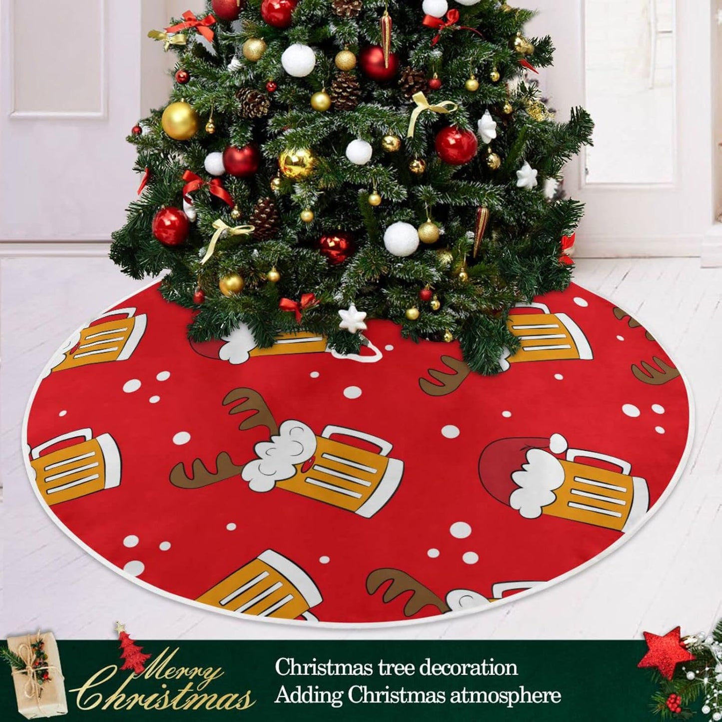 Christmas Funny Beer Tree Skirt, Seasonal Tree Mat Holiday Party Supplies Ornaments Indoor Outdoor Decorations for Tabletop Trees 47.2 Inches