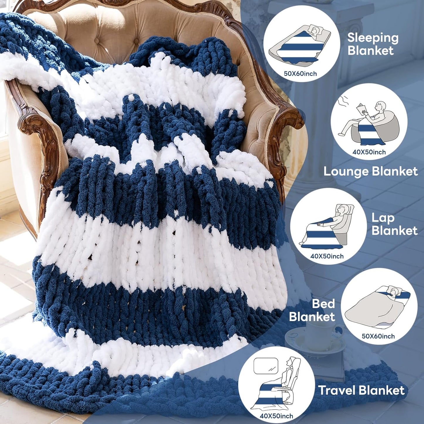 Chunky Knit Blanket - Luxury Soft Cozy 60 * 80 Throw Blanket,100% Woven Blanket Rope Knot Throw Blanket for Couch, Sofa, Home Decor, Gift - Machine Washable(White/Deep Blue)