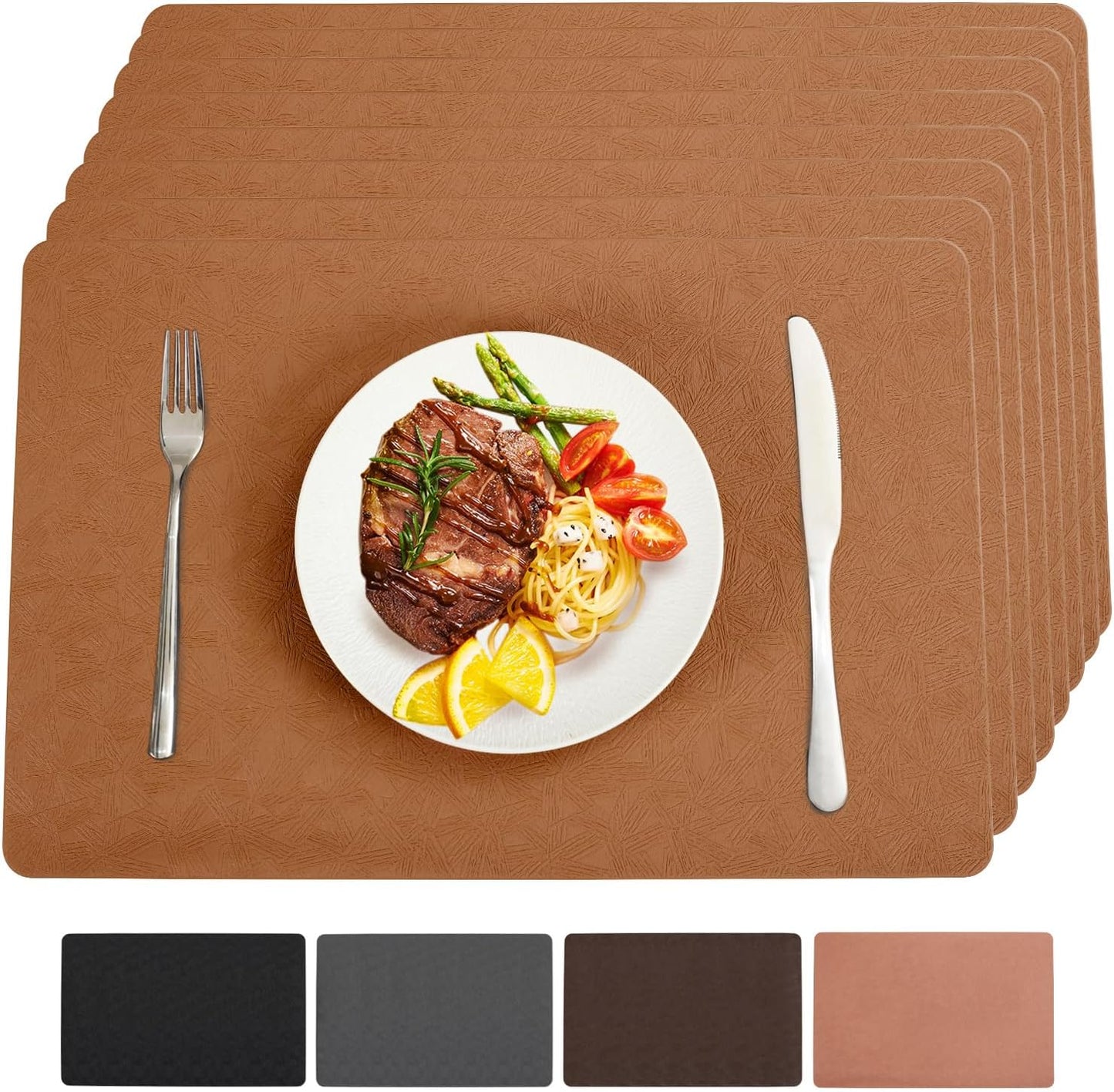 Faux Leather Placemats,6 PCS of Heat Resistant Easy Clean Non-Slip Place Mats for Dining Table. Waterproof Stain Resistant Wipeable Washable PU Table Mats(Black, 6PCS) (8, Light Brown)