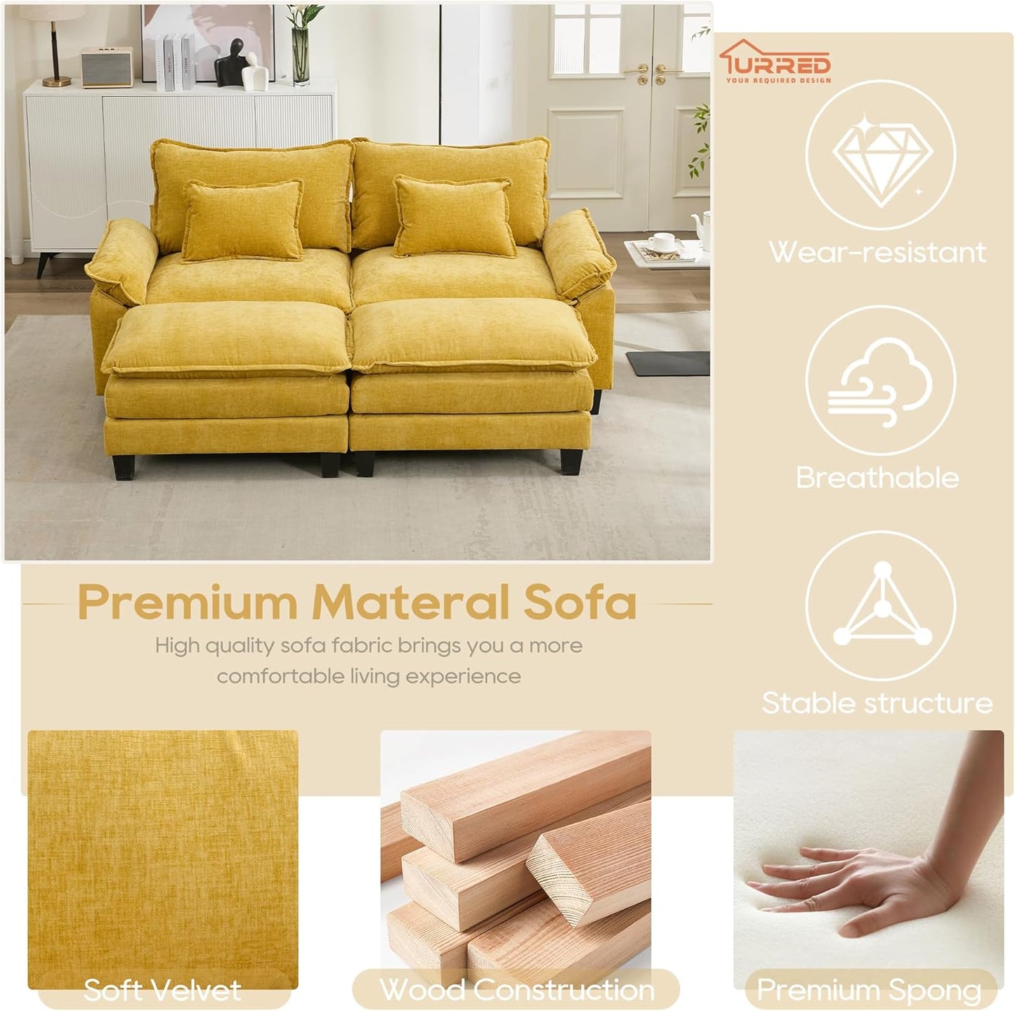URRED Modular Sectional Sofa Comfy Cloud Couch, Modern Chenille Sofa Sleeper Deep Seat Couches with Ottoman/Pillows for Living Room (Yellow, 82.6''- 2 Ottomans)