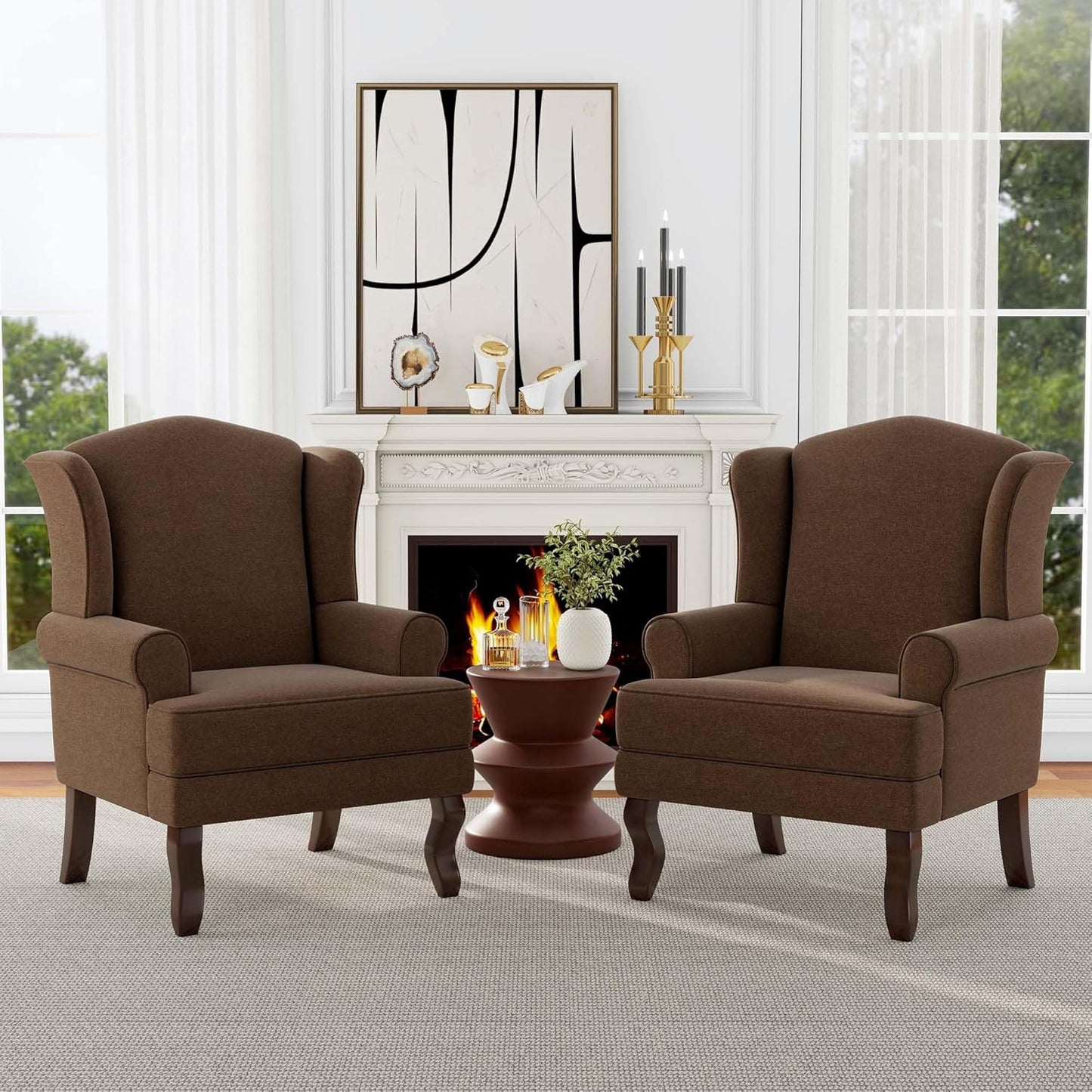 Accent Chair, High Back Upholstered Armchair with High Resilience Sponge & Wood Legs, Mid-Century Modern Comfy Single Sofa Reading Chairs for Living Room, Bedroom (Brown, Set of 1)