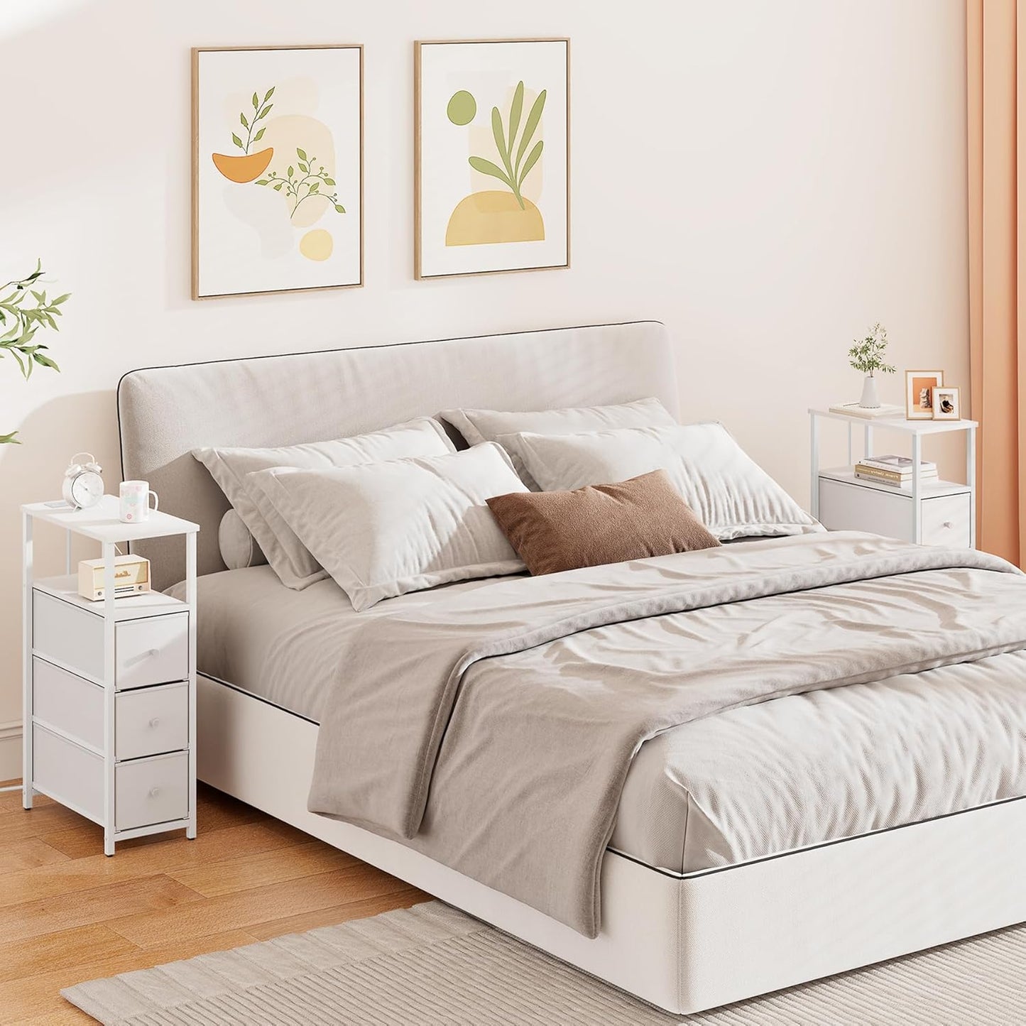 TUTOTAK Narrow Night Stand with Charging Station, Slim End Table with Plugins, Tall Side Table with 3 Fabric Drawer, Small Bedside Table with Storage, Set of 2, Living Room, Bedroom, White TB01BW073