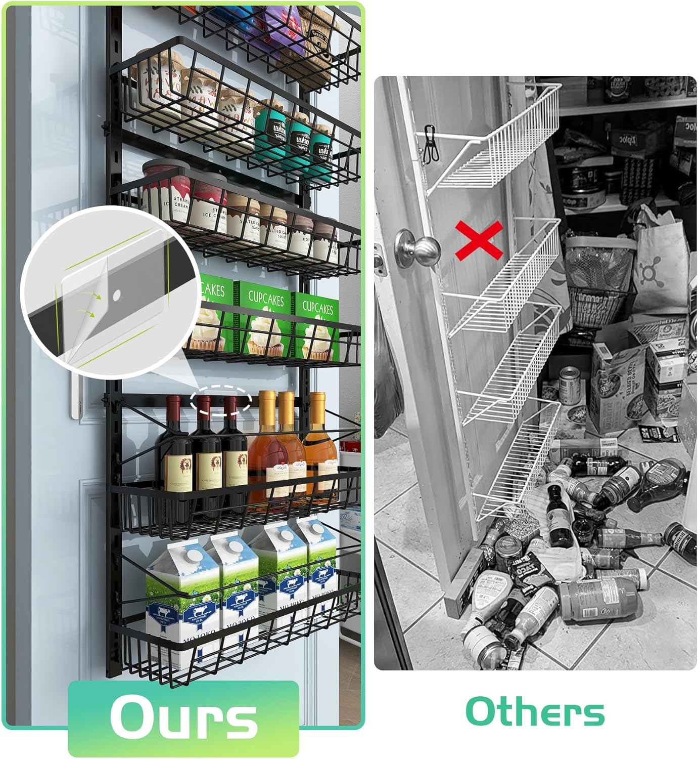 Over The Door Pantry Organizer, Pantry Storage and Organization, 6-Tier Adjustable Hanging Baskets, Metal Wall Mount Spice Rack Seasoning Shelves for Home & Kitchen, Laundry Bathroom - Black