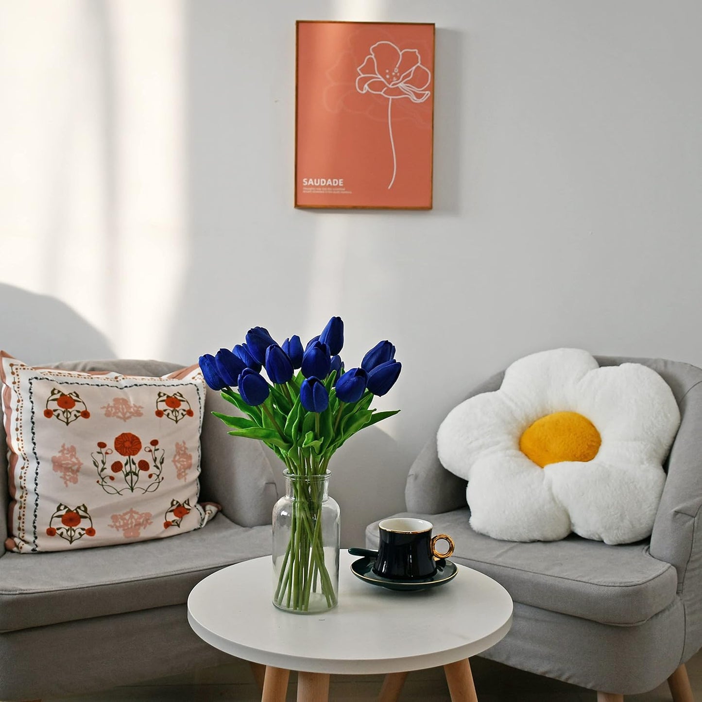 Mandy's Artificial Tulips 20 Stems Royal Blue PU Faux Flowers for Wedding Home Decor 13.5 Inch