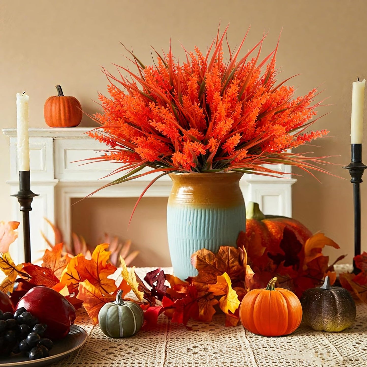 Geegoods Artificial Plants Flowers Outdoor – Faux Lavender Flowers with Monkey Grass UV Resistant Plastic Faux Plants for Garden Porch Window Patio Hanging Planter Home Decor (Autumn-red, 48PCS)