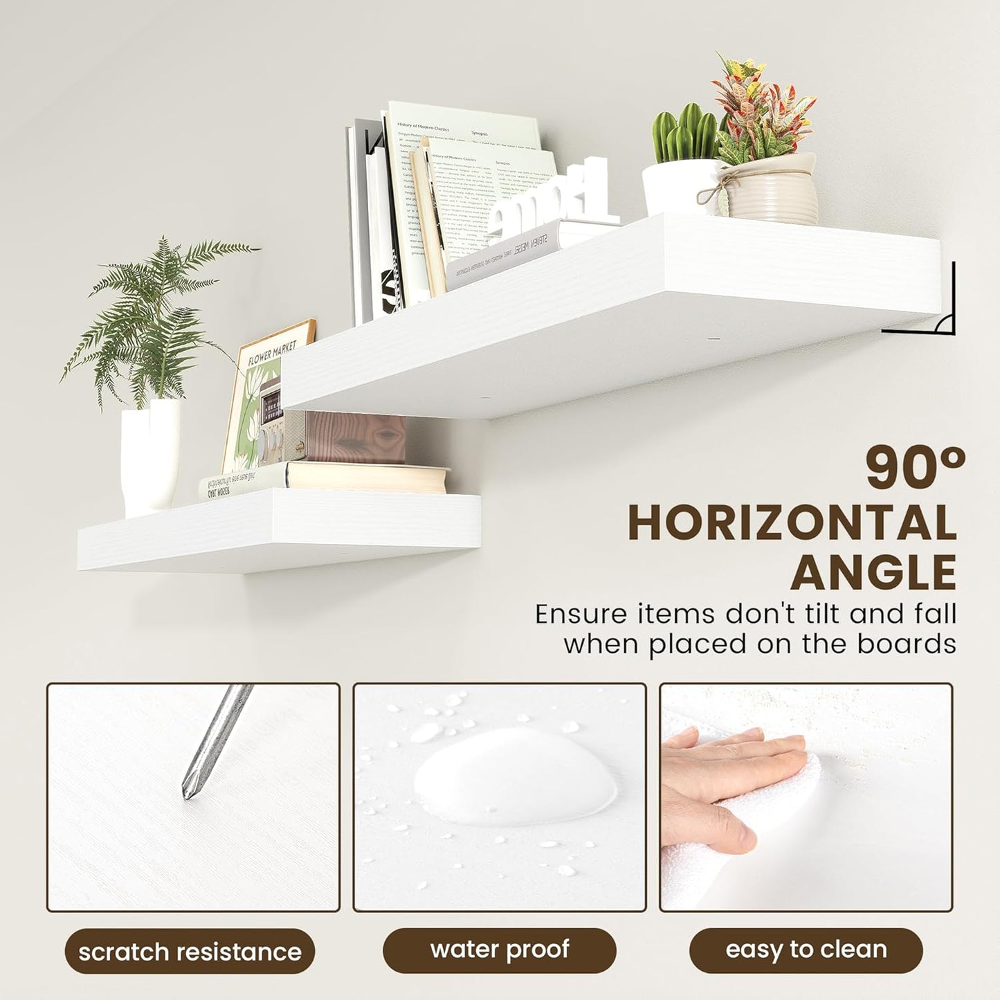 Deep Floating Shelves for Wall | 36 Inch Wide x 12 Inch Deep White Floating Shelves | 36W x 12D Rustic Wood Wide Wall Shelves | Bookshelf Laundry Shelf TV Shelf