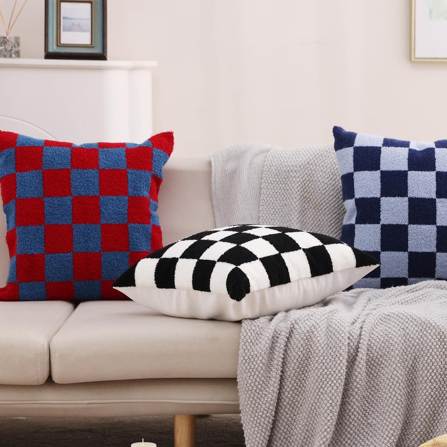 Alysheer Checkered Embroidered Decorative Throw Pillow Covers 18"x 18" Set of 2, Classic Chic Red Blue Plaid Tufted Patterned Cotton Canvas Cushion Case for Sofa Couch Bed Living Room