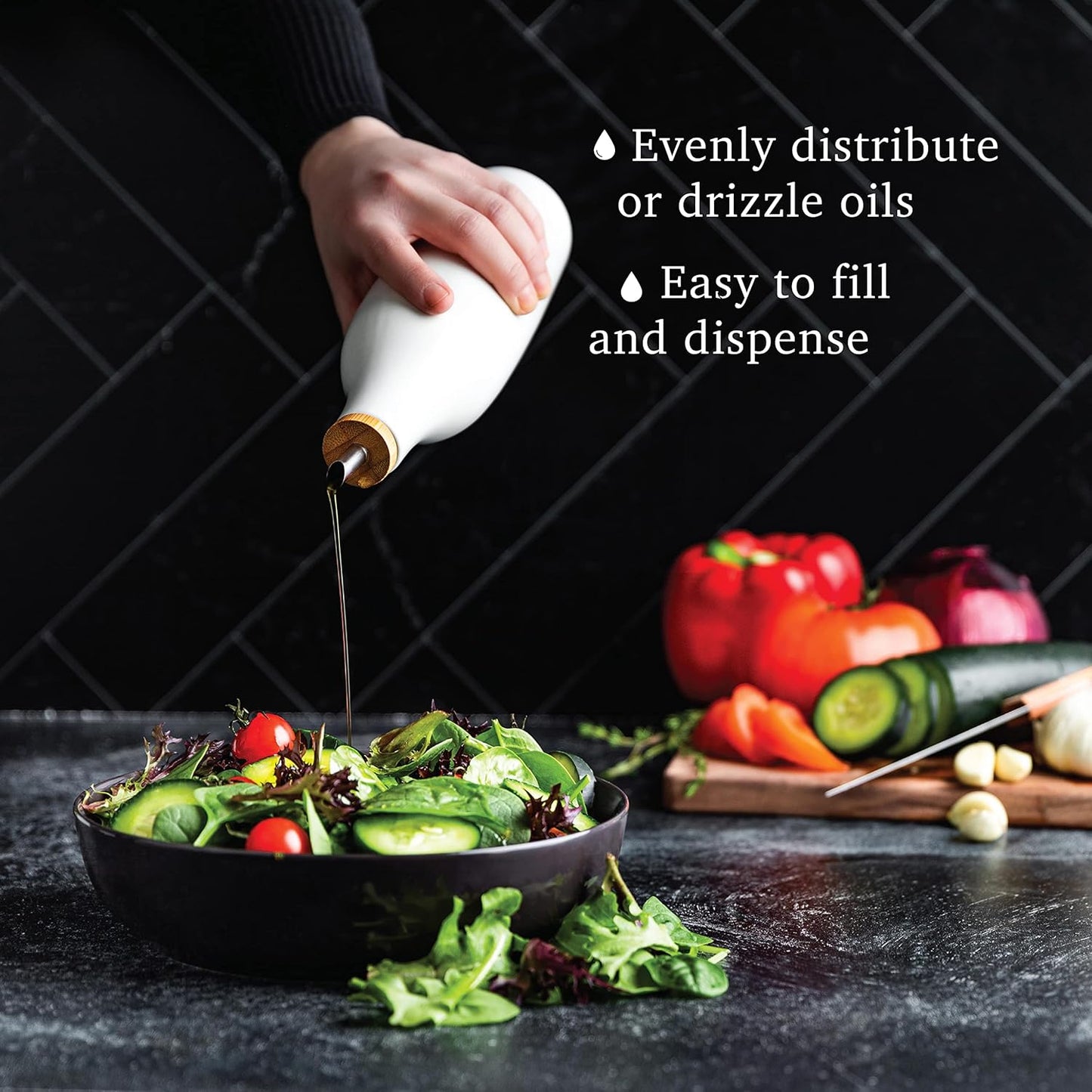 kitchentoolz Ceramic Olive Oil Dispenser Bottle - Vinegar EVOO Soy Sauce Holder - Minimalist White Kitchen Accessories - 16.9 oz Kitchen Oil Cruet Pour Bottle