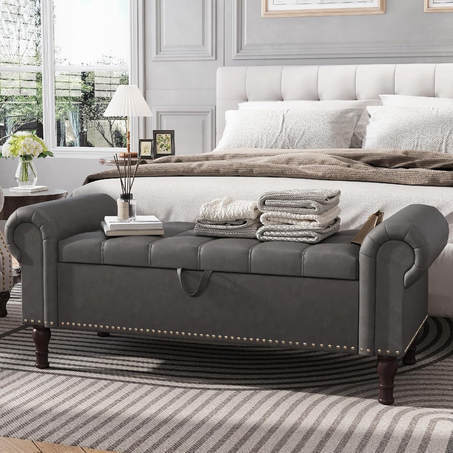 Apicizon 51”Bench with Storage, Upholstered Tufted Button Window Bench with Plenty Hidden Storage Space,Faux Leather Ottoman Bench for Bedroom, Living Room, Entryway,Gray