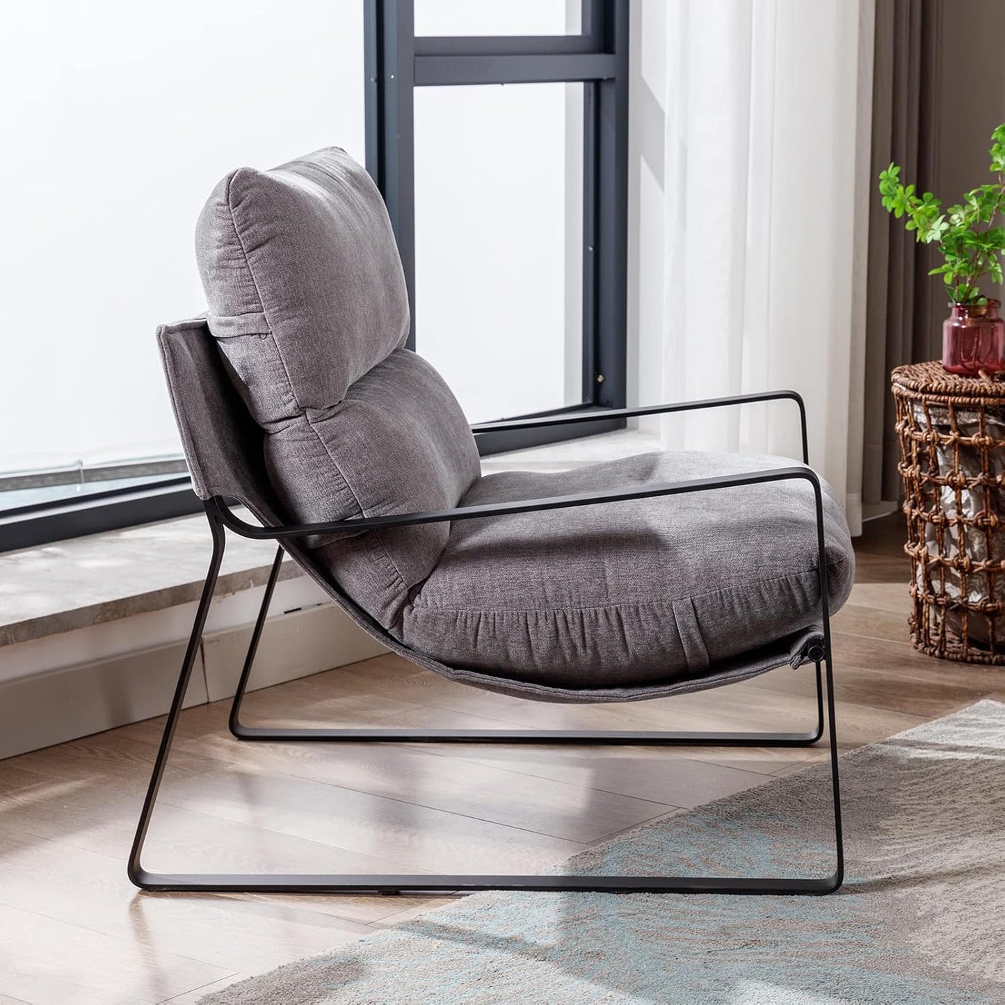 DUOMAY Modern Accent Arm Chair Set of 2, Comfy Linen Lounge Lazy Chair with Metal Leg, Mid-Century Corner Chair for Living Room Bedroom Office Apartment, Grey