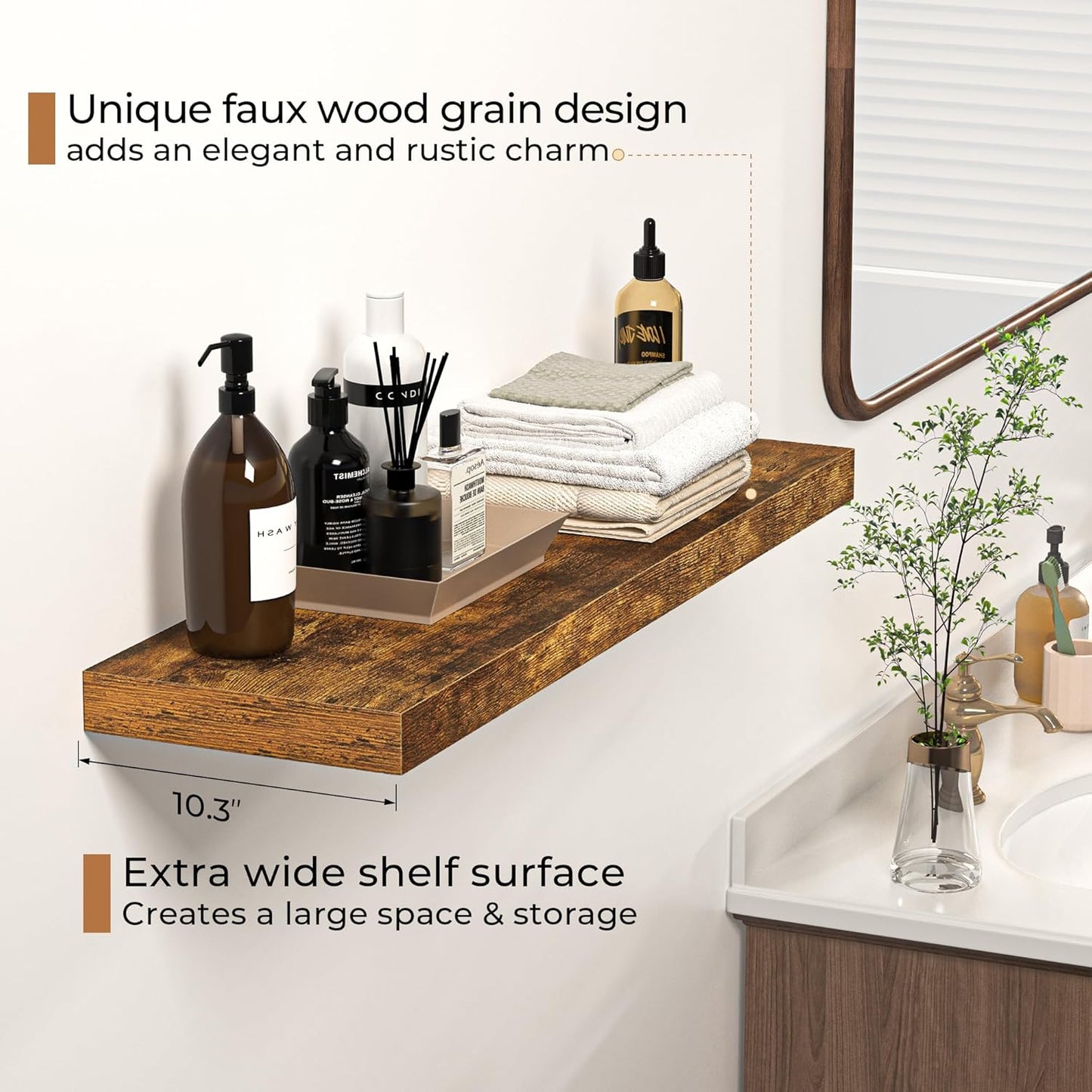 Floating Shelves - 10.3 Inch Deep Wall Shelf for Decor & Storage - Wall Mounted Display Shelving with Invisible Heavy-Duty Metal Bracket - 36" W x 10.3" D x 1.8" H - Set of 1 - Rustic Brown