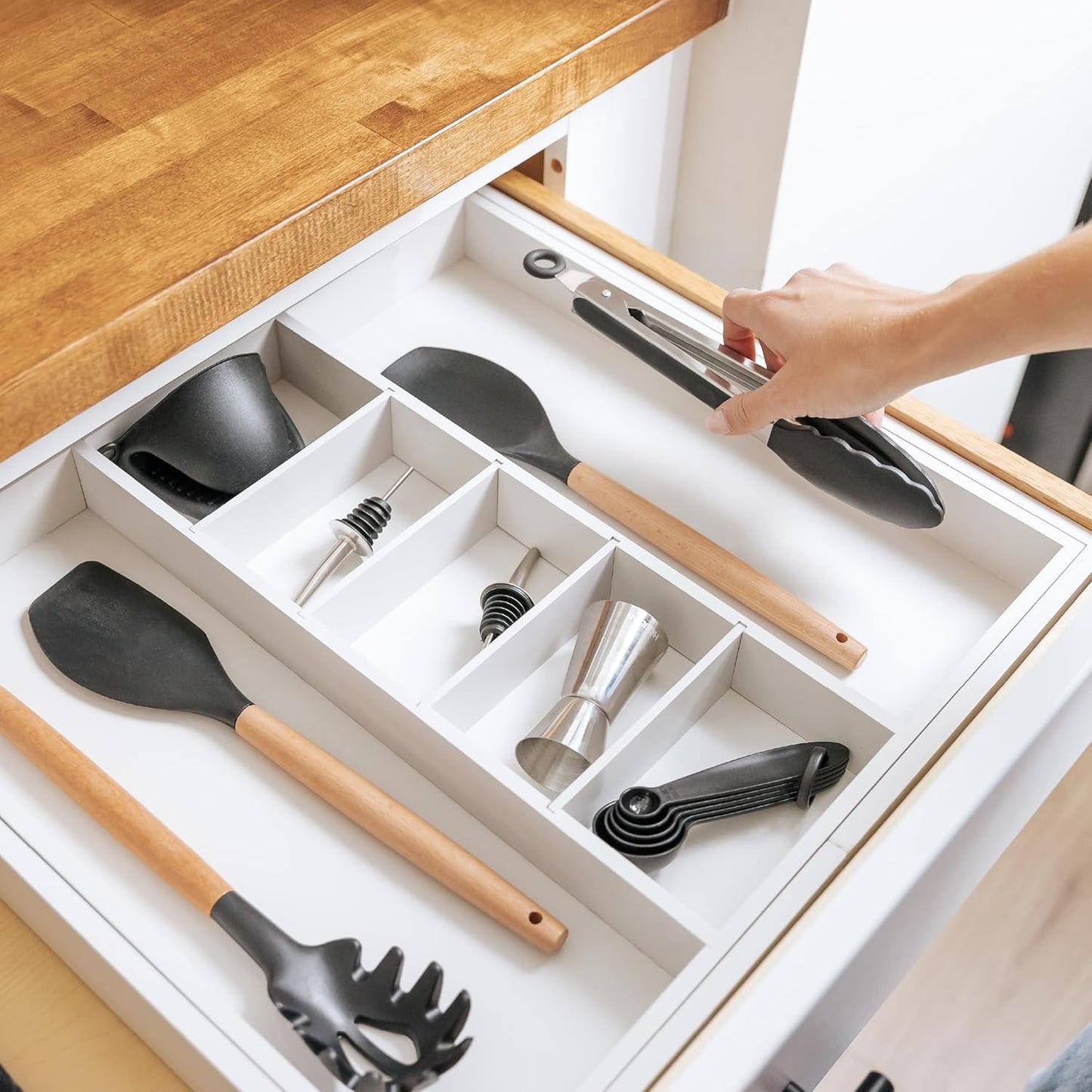 Adjustable Kitchen Drawer Organizer for Utensils and Junk, Food-Safe Contract Grade with 100% Sustainable Wood, Expandable from 19 to 33 Inches Wide - White Bamboo