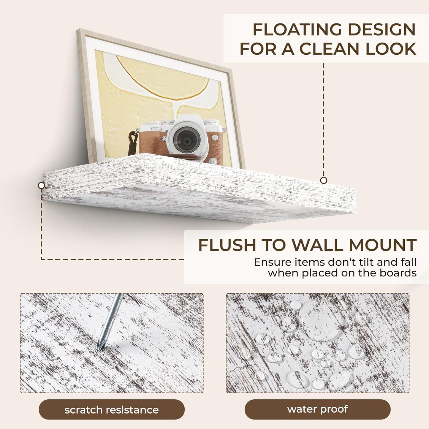 RICHFOCUS 24Inch Floating Shelves for Wall 2 Pack Shelves for Bedroom|Kitchen|Bathroom Wall Mounted Rustic Distressed Wood Floating Shelf with Invisible Brackets for Books|Storage|Decor, Rustic