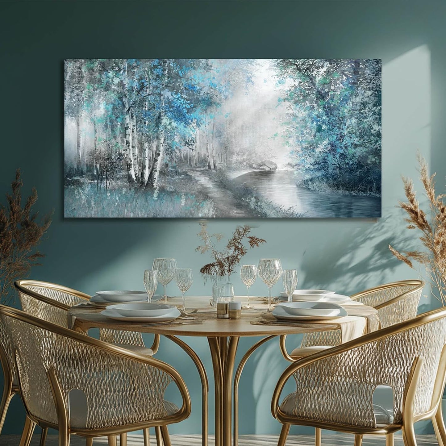 SOUGUAN Landscape Art Posters Blue Pictures Wall Decor Grey Forest Wall Prints Botanical Artwork for Dining Room Bedroom 20"x 40" Contemporary Wall Art