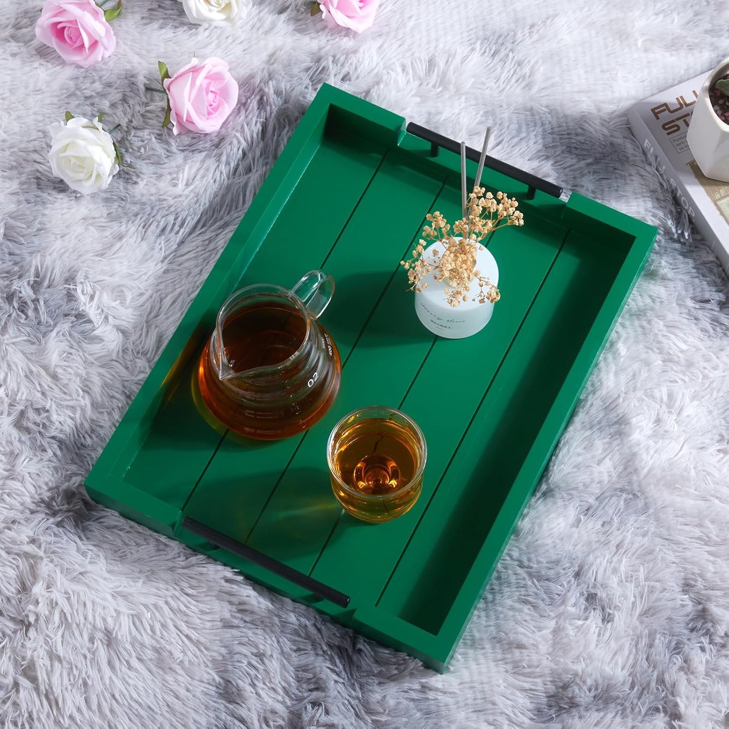 Ottoman Coffee Table Decorative & Serving Tray, 17x13 Inch Wood Tray with 4 Wooden Coasters - Perfect for Ottoman & Breakfast