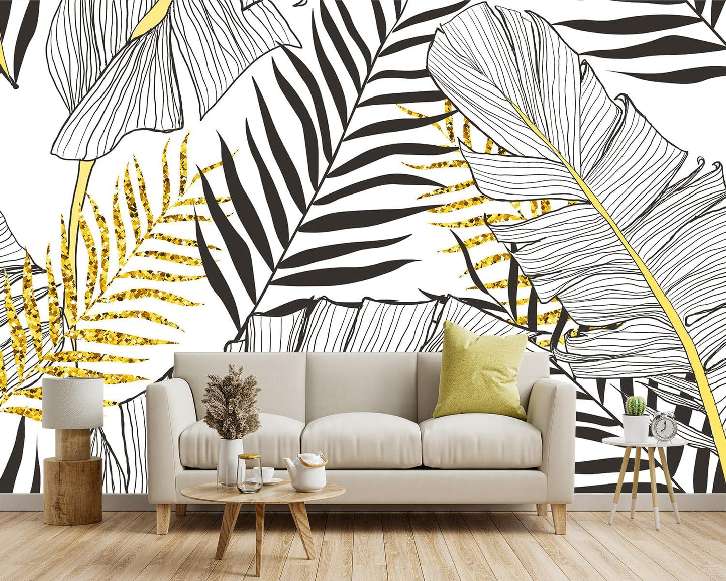 -Black and Gold Tropical Botanical Banana Leaf Fabric Wallpaper Living Room Bedroom Bathroom Abstract Plant Large Wall Mural- 160"x108"( not Peel and Stick)
