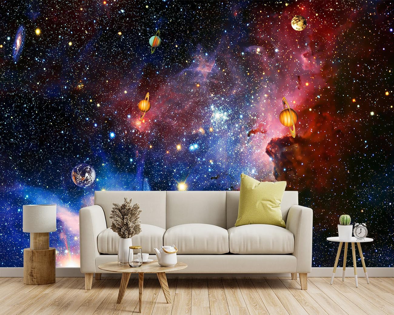 -Galaxy Universe Planet Ceiling Fabric Wallpaper Boys Girls Nursery Starry Sky Children Bedroom Bathroom Large Mural- 160"x108"( not Peel and Stick)
