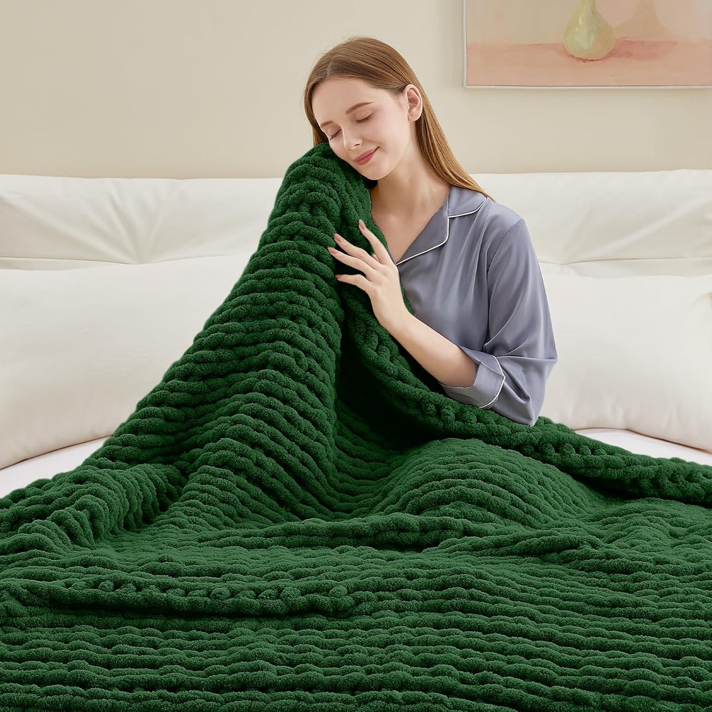 Chunky Knit Throw Blanket, 30''*40'' Knitted Throw Chenille Yarn for Bed Couch, Handmade Grass Green Crochet Big Thick Blanket, Machine Washable Cute Comfy Blanket for Home Decor