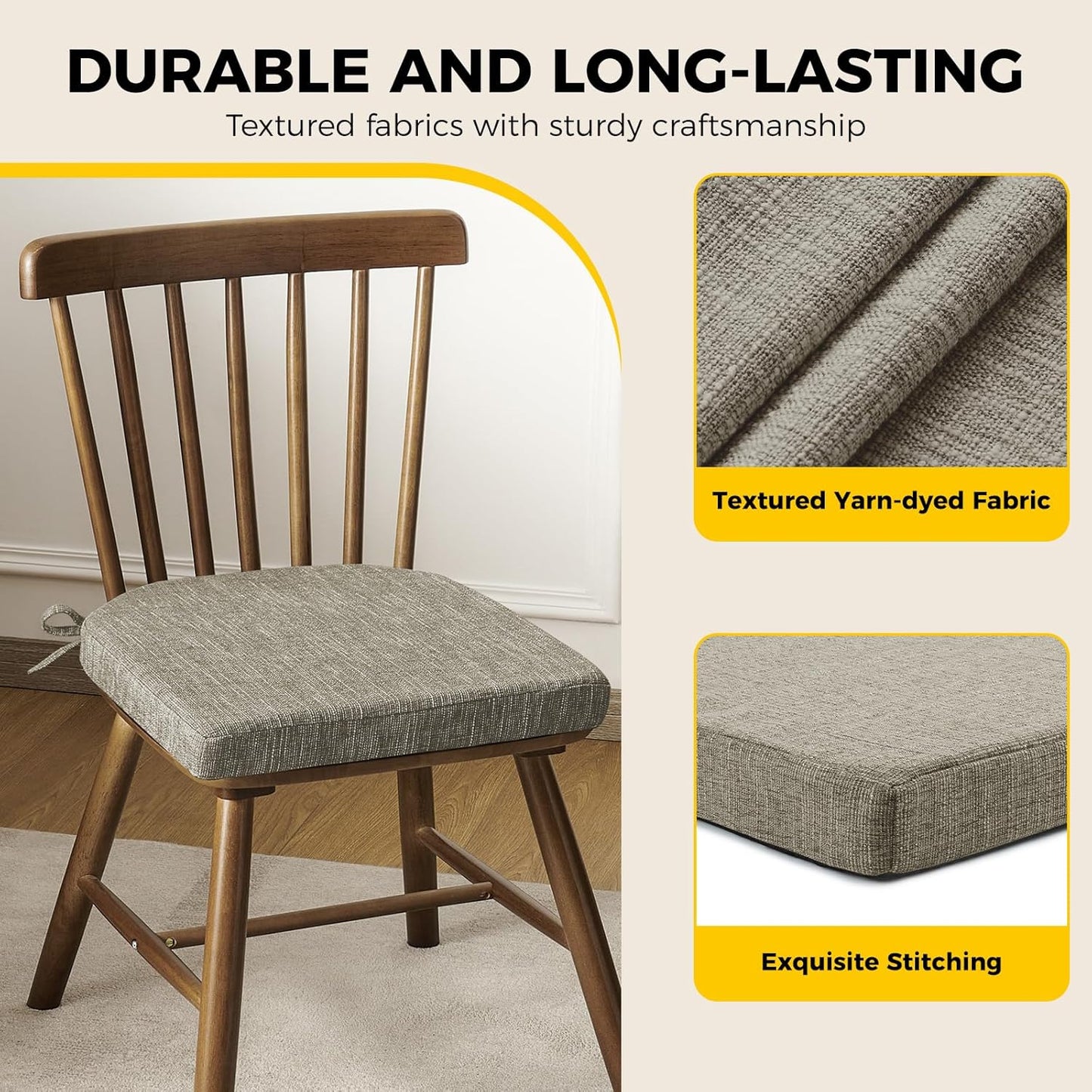 downluxe Indoor Chair Cushions for Dining Chairs, Soft and Comfortable Textured Foam Kitchen Chair Pads with Ties and Non-Slip Backing, 16" x 16" x 2", Khaki, 6 Pack