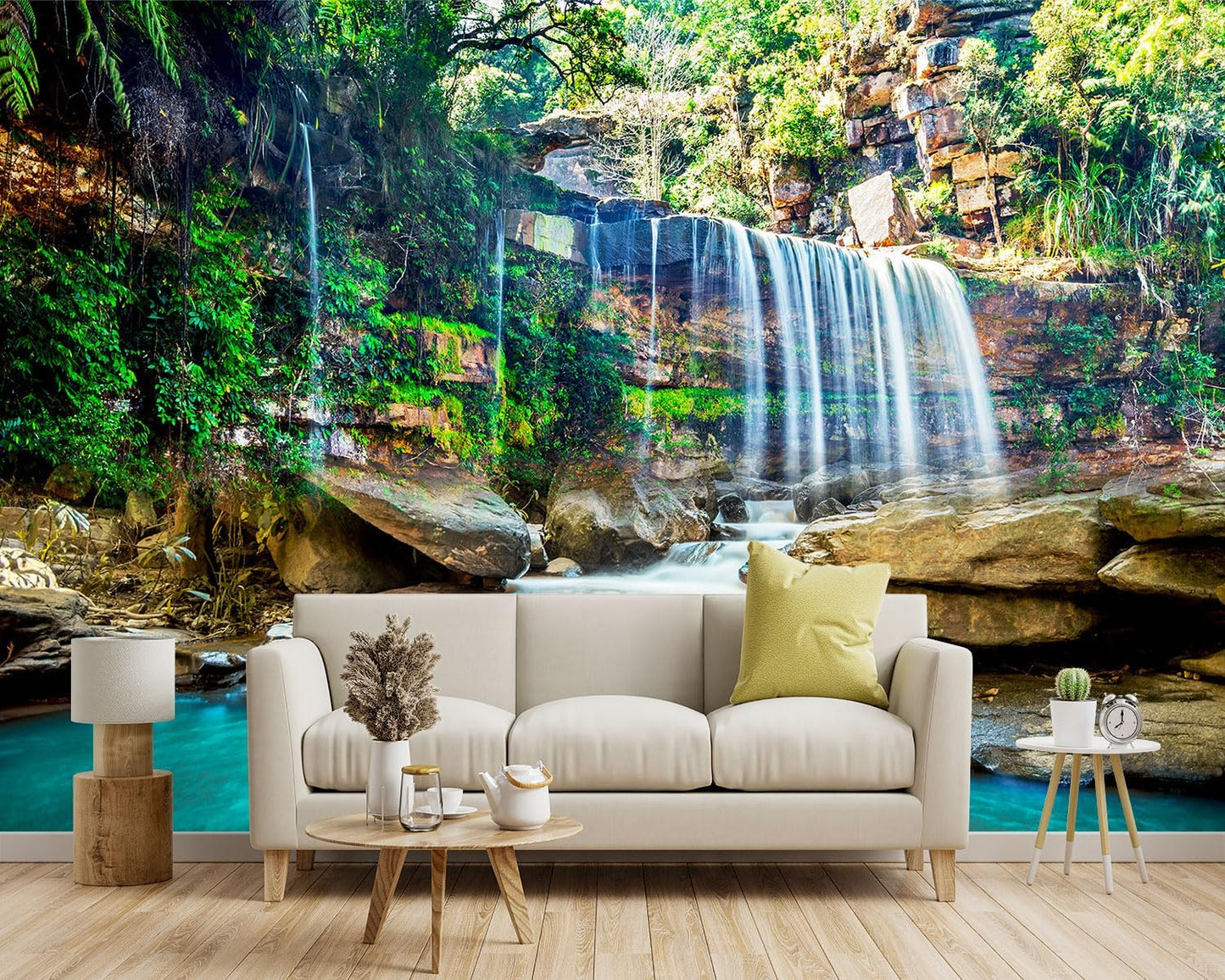 -Green Lake Waterfall Scenery Fabric Wallpaper Living Room Woodland Forest Mountain Bedroom Bathroom Large Wall Mural- 137"x96"( not Peel and Stick)