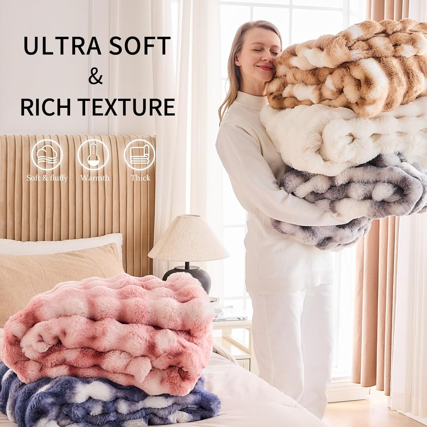 Cozy Faux Fur Throw Blanket for Couch-Warm Fuzzy Throw Blanket, Soft Plush Thick Bubble Blankets for Bedroom and Living Room, Furry Luxury Blanket, 50 x 60,Tie-Dye Grey