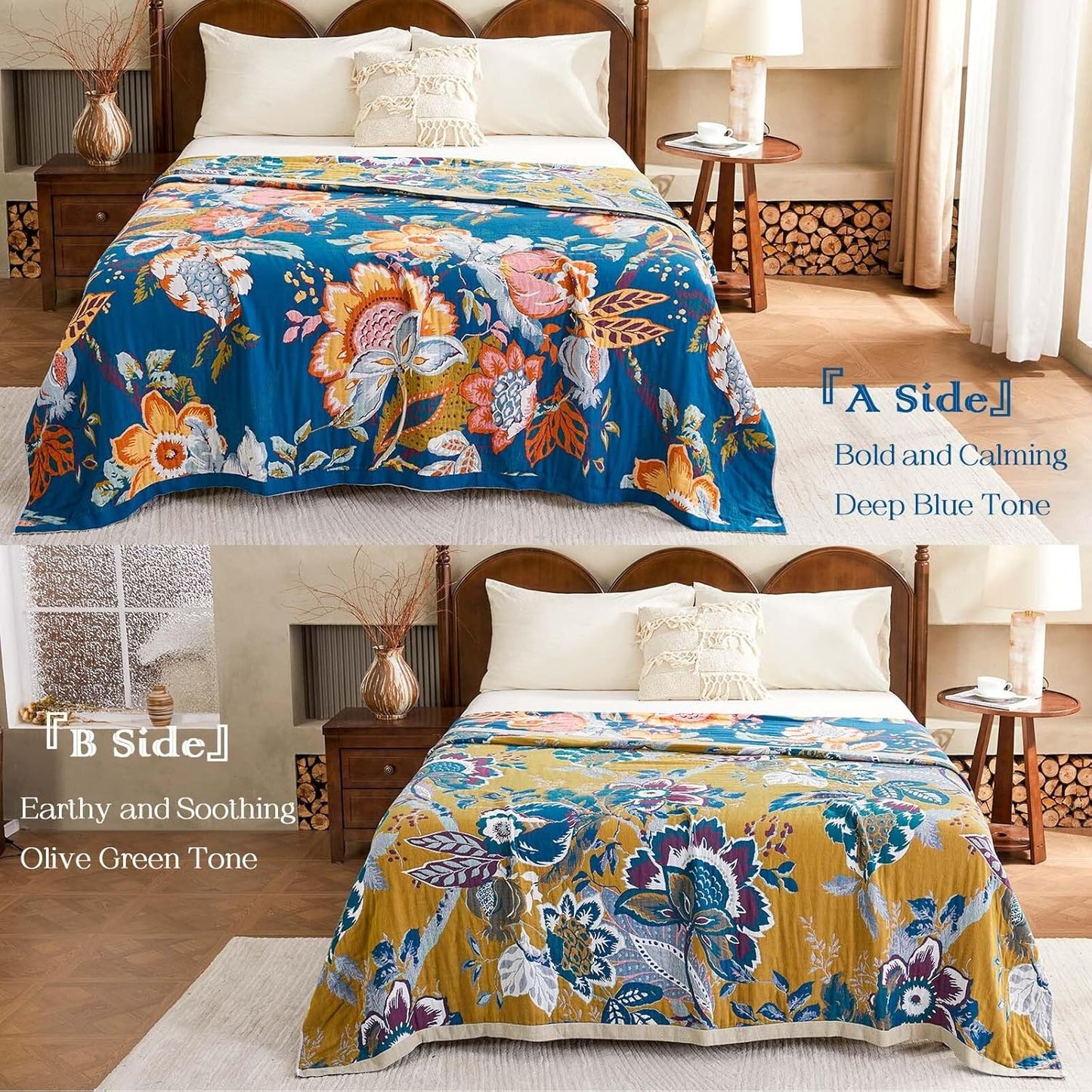 Boho Throw Blanket, Blue Lightweight Blankets for Summer, 100% Cotton Bohemian Decorative Throw Blanket, 90"x98" Reversible Muslin Breathable Woven Farmhouse Blankets Quilt,