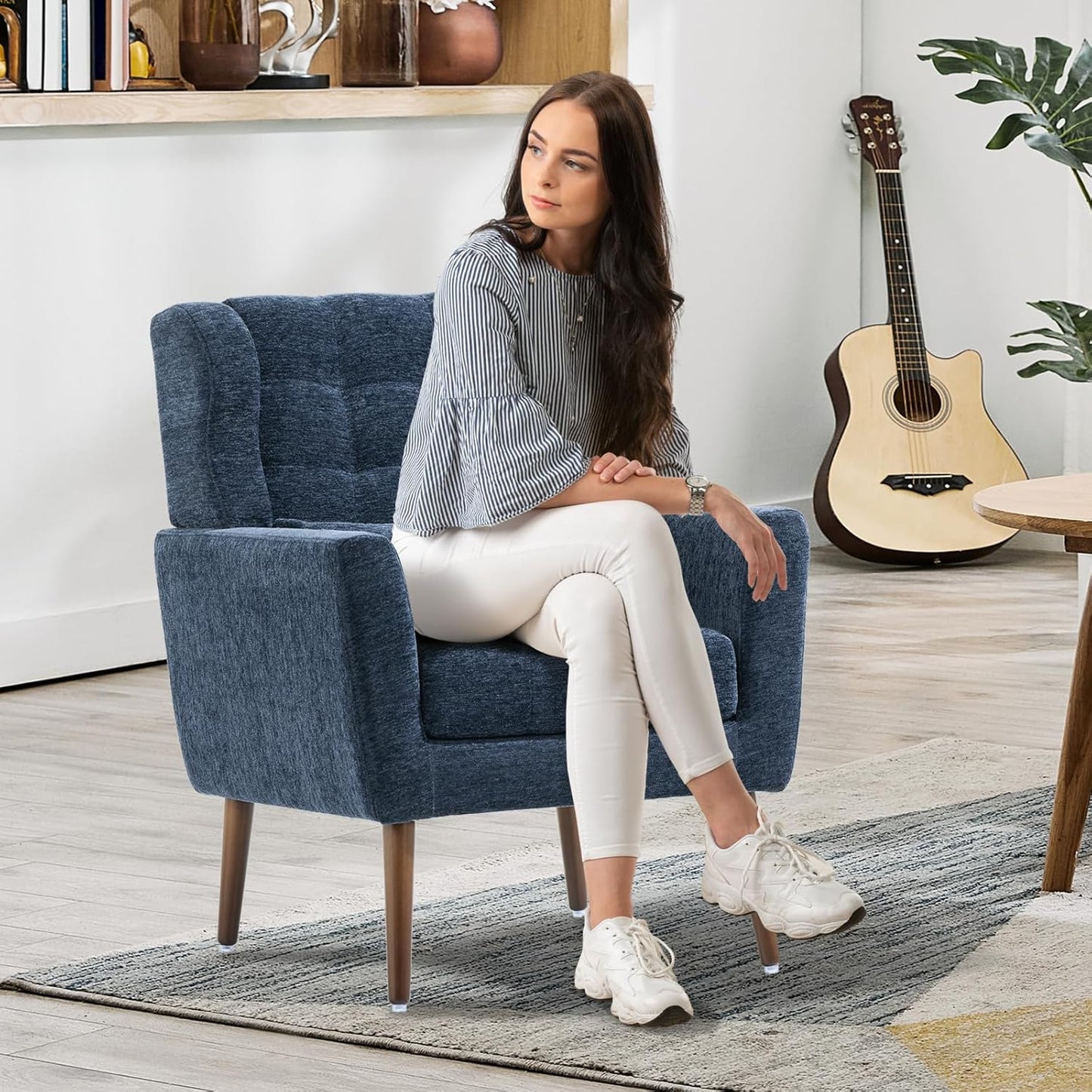 Modern Accent Chair, Upholstered Armchair with Pillow, Fabric Single Sofa Chair with Lounge Seat and Wood Legs Accent Chair for Living Room Bedroom Small Spaces (Dark Blue)