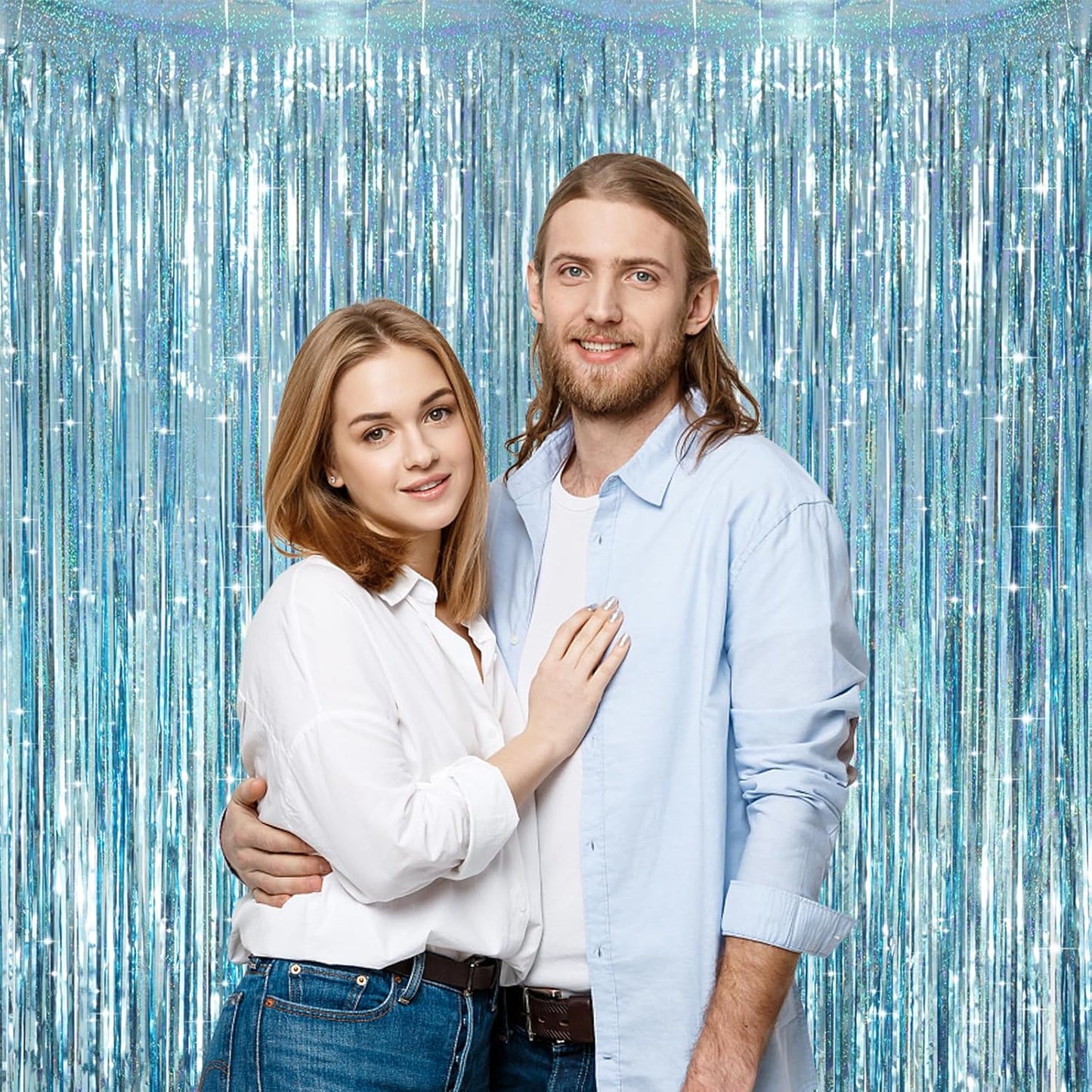 3 Pack 3.3 x 8.2 ft Laser Blue Foil Fringe Backdrop Curtains, Tinsel Streamers Party Decorations, Fringe Backdrop