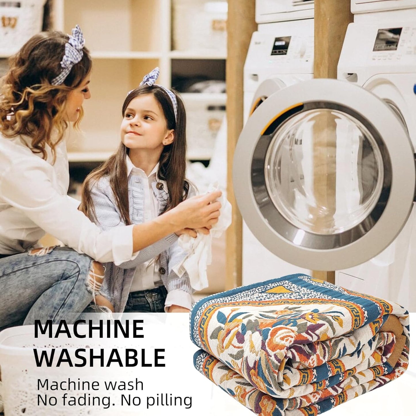 Boho Throw Blanket for Bed - 100% Pure Cotton Ultra Soft Rustic Quilt - Farmhouse Decor Bed Blankets, All Season Rustic Throw for Sofa Couch Chair(80''x 90'', Floral)