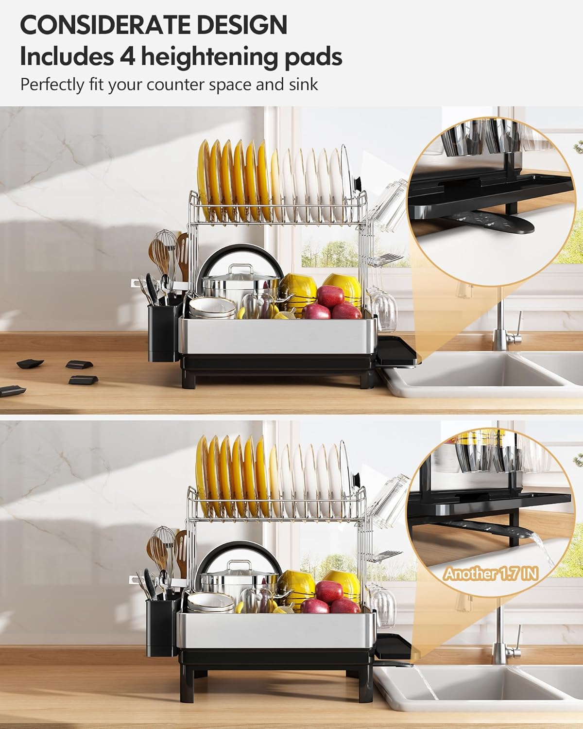 BOOSINY Dish Drying Rack with Drainboard, Stainless Steel Dish Rack, 2 Tier Extra Large Dish Drainer with Cup Holder and Utensil Holder for Kitchen Counter