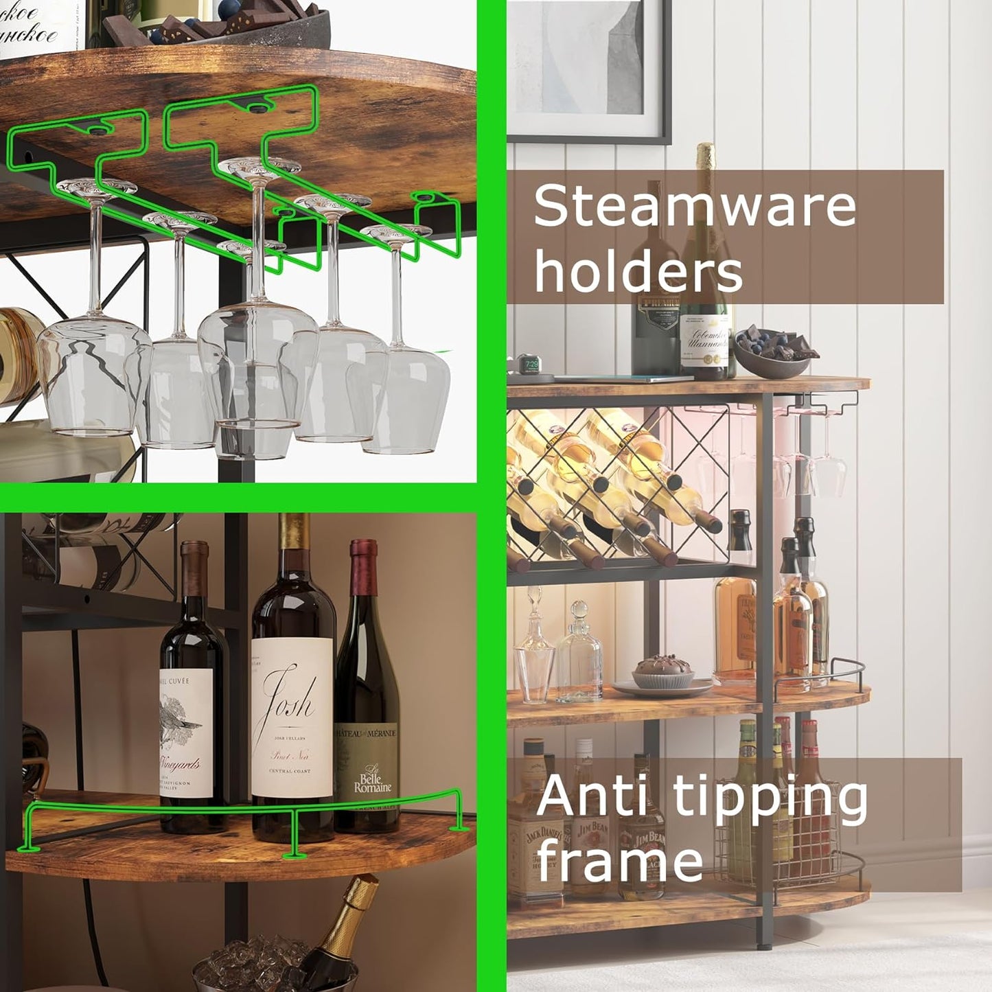 Wine Cabinet Bar Cart Table with Power Socket and LED Light, Three Tiers Coffee Bar Table Wine Rack Liqour Bar with Large Storage for Home Kitchen (Retro Brown)