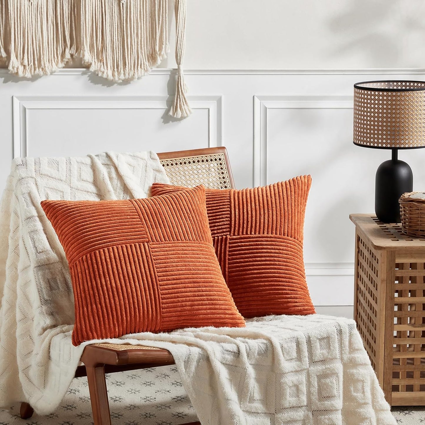 Fancy Homi Set of 2 Burnt Orange Decorative Throw Pillow Covers 24x24 Inch for Living Room Couch Bed, Boho Farmhouse Fall Home Decor, Soft Corss Corduroy Patchwork Textured Cushion Case 60x60 cm