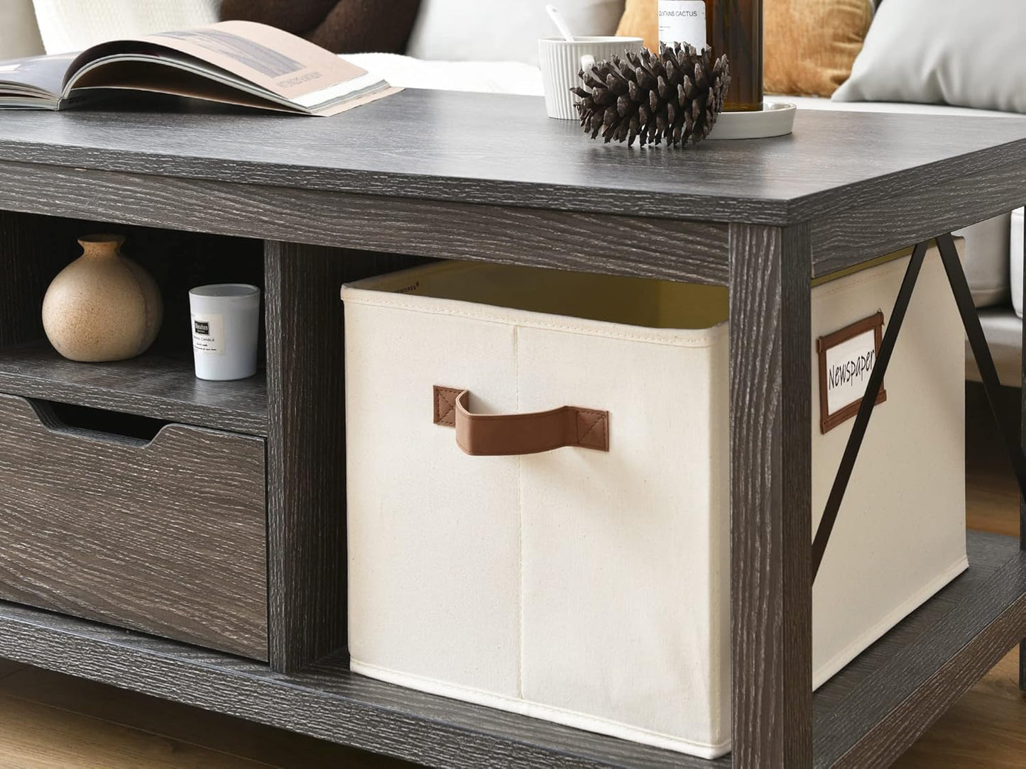 StorageWorks Storage Baskets for Shelves, Foldable Fabric Closet Storage Bins with PU Handles, Fabric Storage Bins Clothes Organizer, Ivory White, 3-Pack, Extra Large