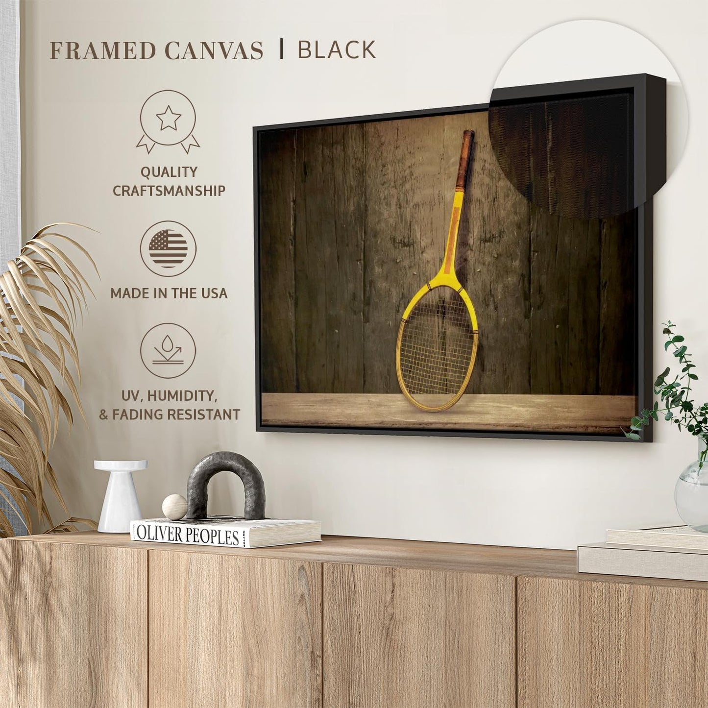 ElephantStock Vintage Tennis Racket Wall Art - Horizontal Framed Canvas - 1-Piece Living Room Wall Decor - Photography Sports Canvas Print - Brown and Black Decor for Wall - 43" X 29"