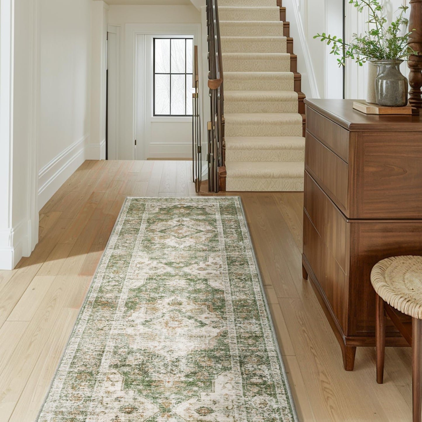 AMOAMI-2X10 Runner Rug-Washable Runners for Hallways-Soft Non Slip Bedside Rugs for Bedroom-Vintage Long Rug for Hallways Entryway Laundry Room Stair Kitchen Bathroom Green