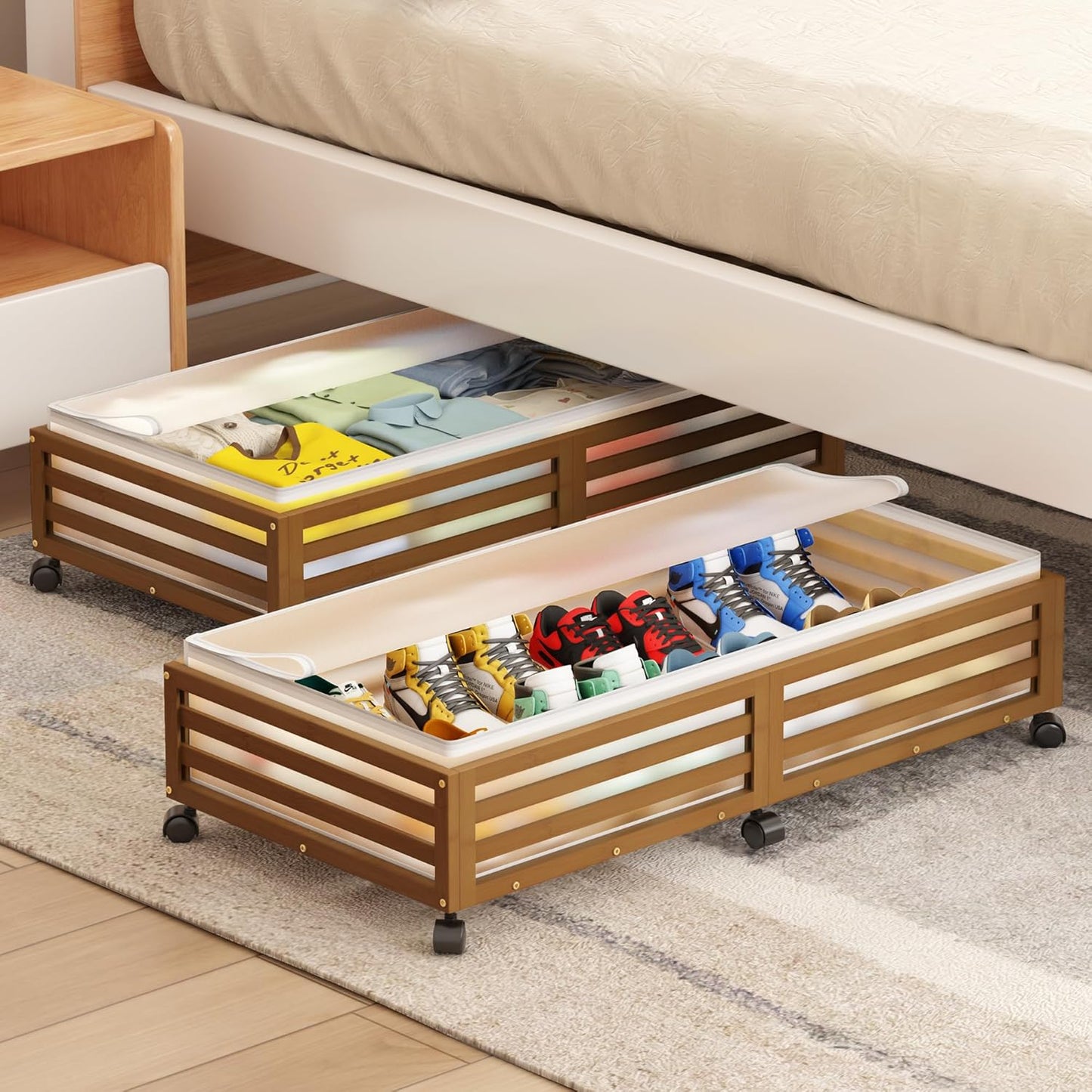 Under Bed Storage Containers With Wheels - 2 Pcs Large Bamboo Wood Rolling Underbed Shoe Storage Bins With Dust Bags for Clothes Blankets, Duvet Covers Snacks Toys (Walnut)