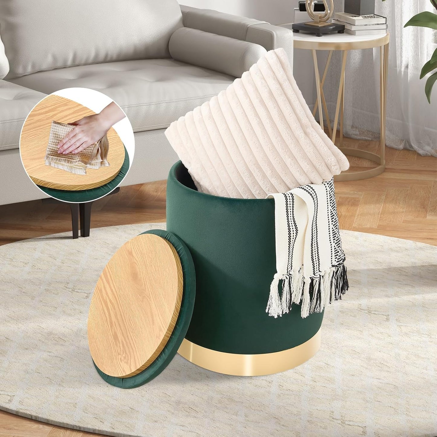 Round Ottoman with Storage Set of 2, Upholstered Velvet Storage Ottomans, Vanity Stool, Multifunctional Ottomans, Coffee Table Foot Rest Ottoman for Living Room Bedroom, Green