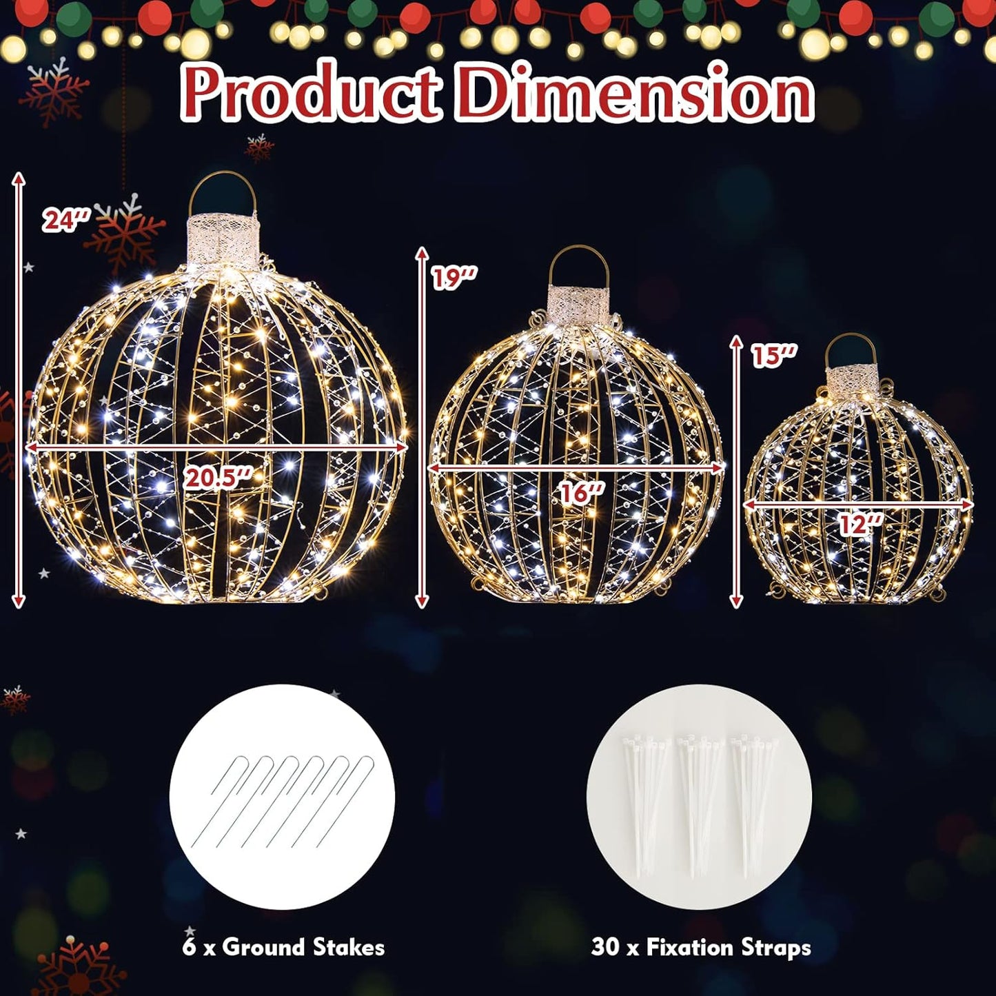 Tangkula Christmas LED Light Balls for Tree (3 Pack), Outside Lighted Sphere with 180 Warm White & 180 Cold White Lights, Holiday Lighted Decorations, Christmas Sphere Balls for Indoor Outdoor Decor