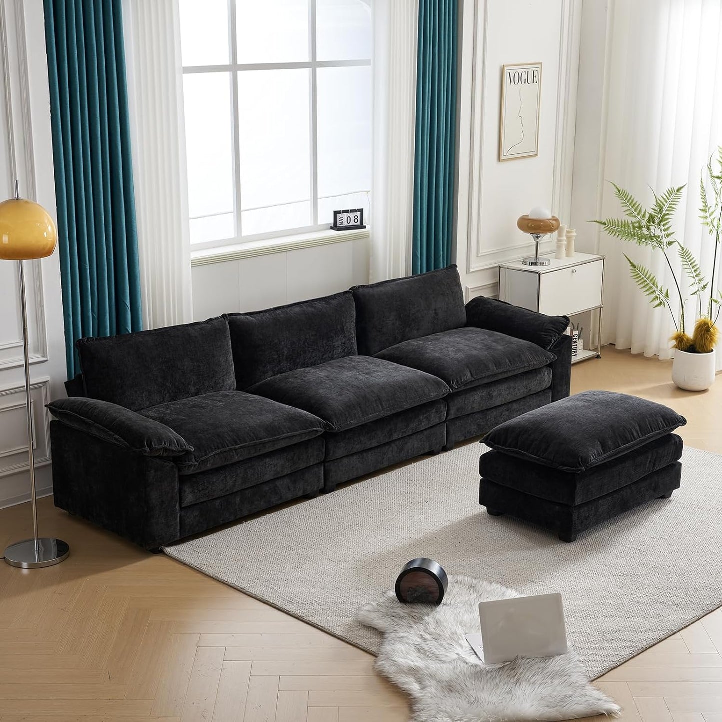 Karl home Sectional Sofa Modular Deep Seat Sofa Couch with Ottoman, Chenille Sofa Sleeper Comfy Upholstered Furniture for Living Room, Apartment, Studio, Office, (3-Seat & 1-Ottoman, Black)