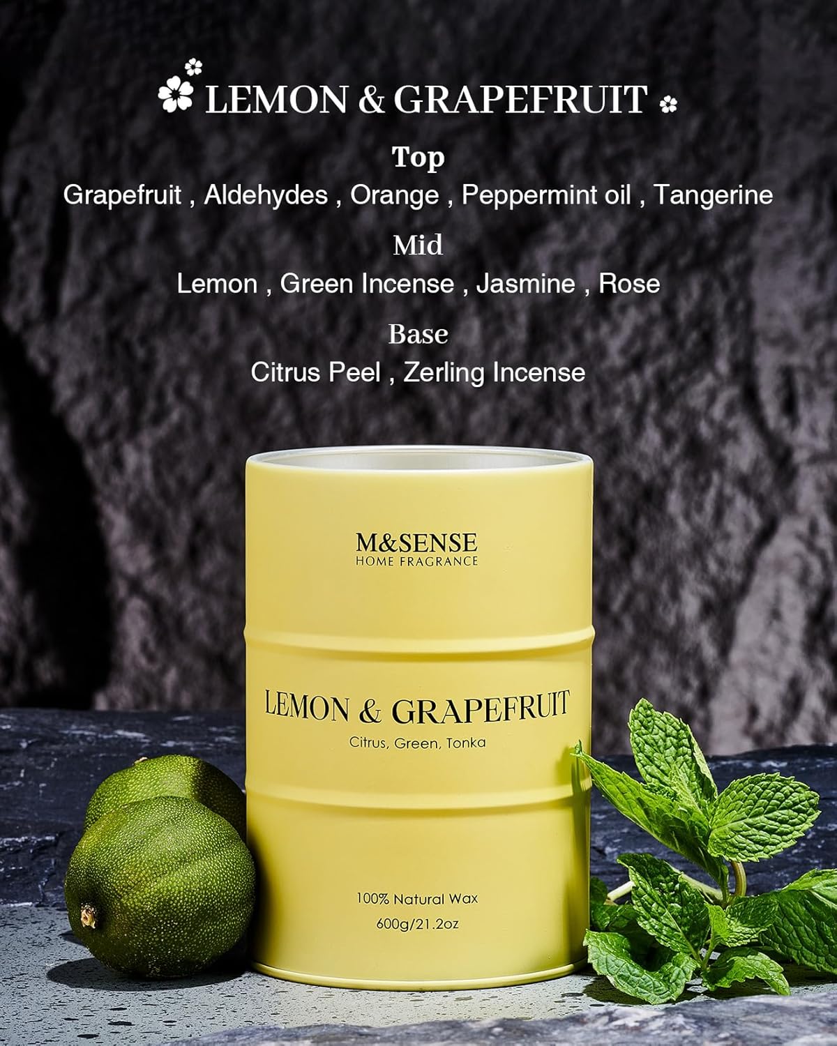 M&SENSE Lemon Candle Large for Home Scented, Lemon Soy Candles 21.2oz 120 Hour Slow Burning, Highly Scented Limoncello Grapefruit Citrus Candles for Bathroom, Fresh Smelling Candle