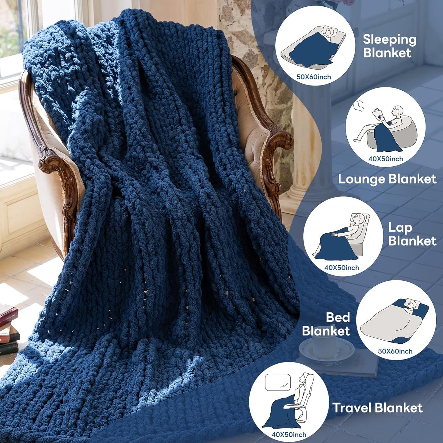 Chunky Knit Blanket - Luxury Soft Cozy 50 * 60 Throw Blanket,100% Woven Blanket Rope Knot Throw Blanket for Couch, Sofa, Home Decor, Gift - Machine Washable(Deep Blue)