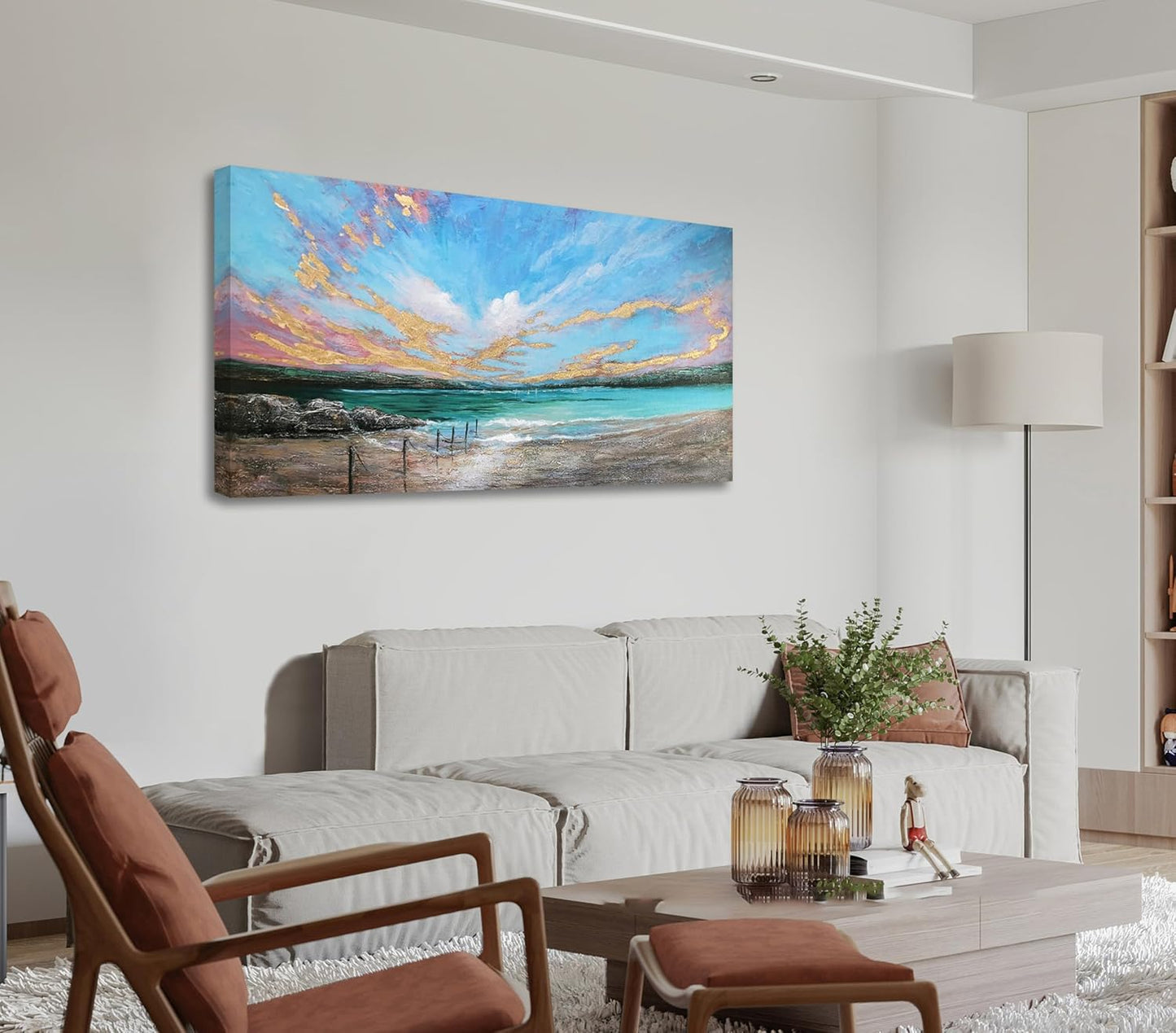 Arjun Ocean Teal Wall Art Canvas Coastal Beach Painting Blue Turquoise Landscape Sunset Picture, Panoramic Gold Foil Textured Large Artwork Framed for Living Room Bedroom Bathroom Wall Decor 40"x20"