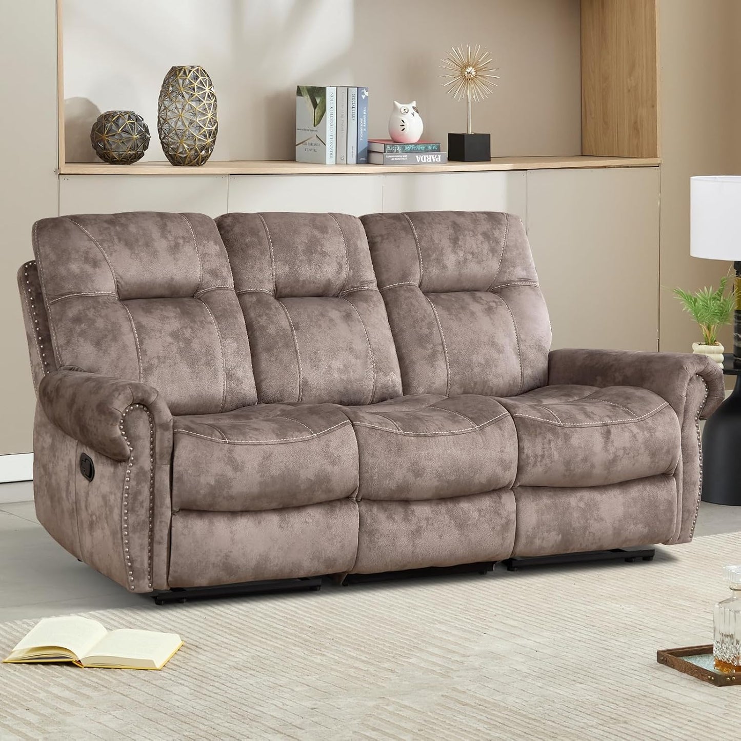 EBELLO Manual Recliner 3 Seat Sofa Couch, Soft Fabric 3 Seater Reclining Couch Chair, Vintage Rivet Mid-Century Design Furniture for Living Room, Meeting Room, Brown