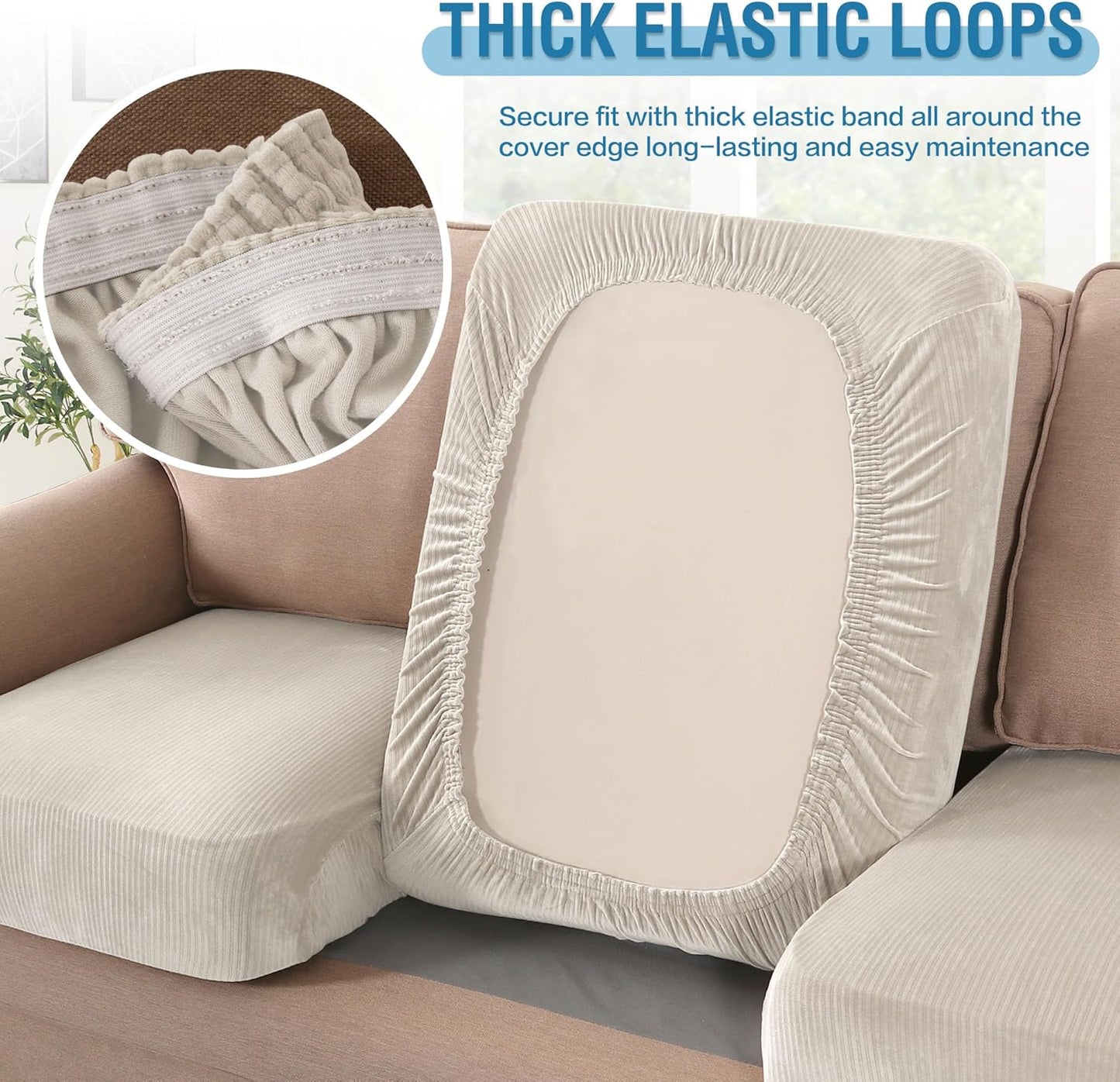 H.VERSAILTEX Velvet Stretch Couch Cushion Cover Plush Cushion Slipcover for Chair Loveseat Sofa Cushion Furniture Protector Seat Cushion Sofa Cover (3 Piece XL Sofa Cushion Covers, Ivory Striped)