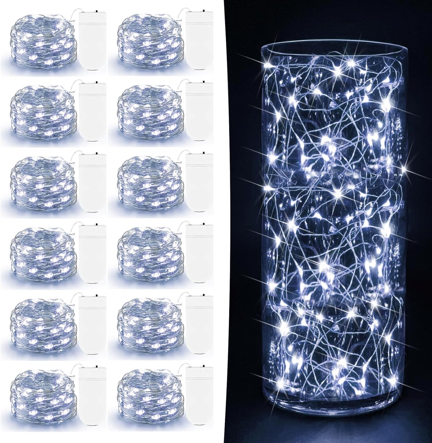 12 Pack Fairy Lights Battery Operated - 7ft 20 LED Twinkle Lights Copper Wire Mini String Lights Firefly Lights for Mason Jars DIY Crafts Christmas Wedding Party Centerpiece Table Decor, Cool White