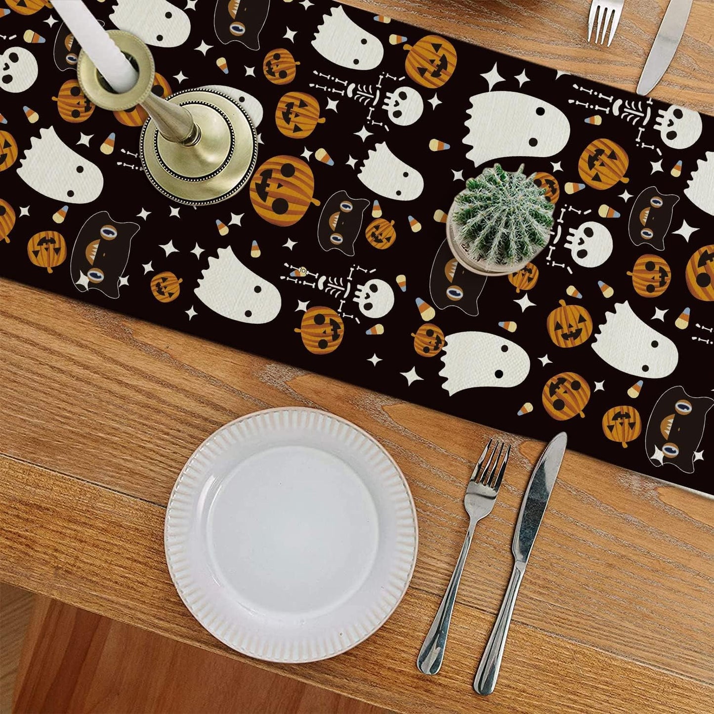 GAGEC Halloween Table Runner Black Cat Pumpkins Seasonal Kitchen Dining Table Home Outdoor Party Decorations (13'' x 48'')