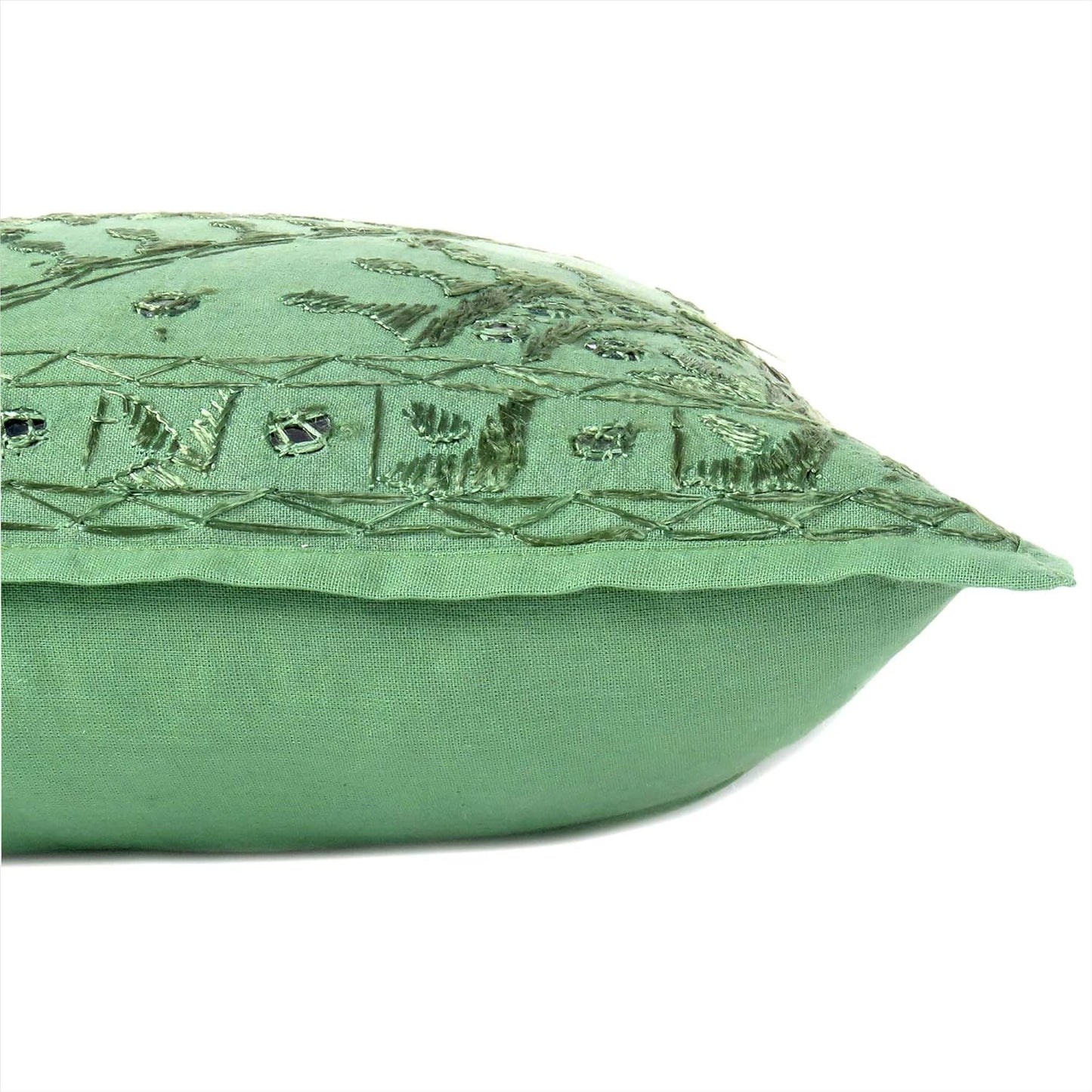 Eyes of India Embroidered Decorative Boho Throw Pillow Cover with Mirrors, Handmade Bohemian Accent Cushion Case for Sofa Couch Bedroom Living Room (Green, 24" x 24")